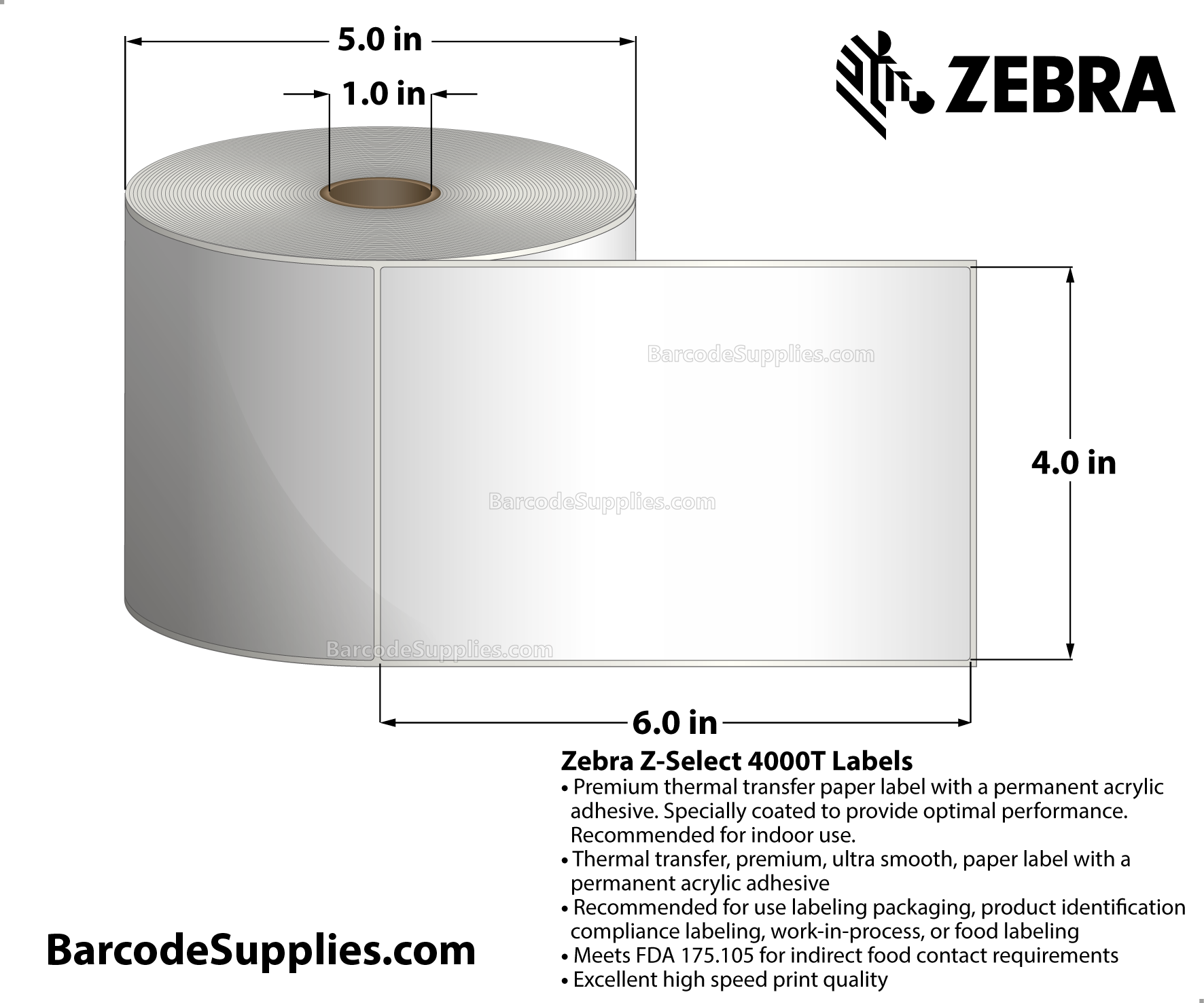 4 x 6 Thermal Transfer White Z-Select 4000T Labels With Permanent Adhesive - Not Perforation - 420 Labels Per Roll - Carton Of 4 Rolls - 1680 Labels Total - MPN: 82868