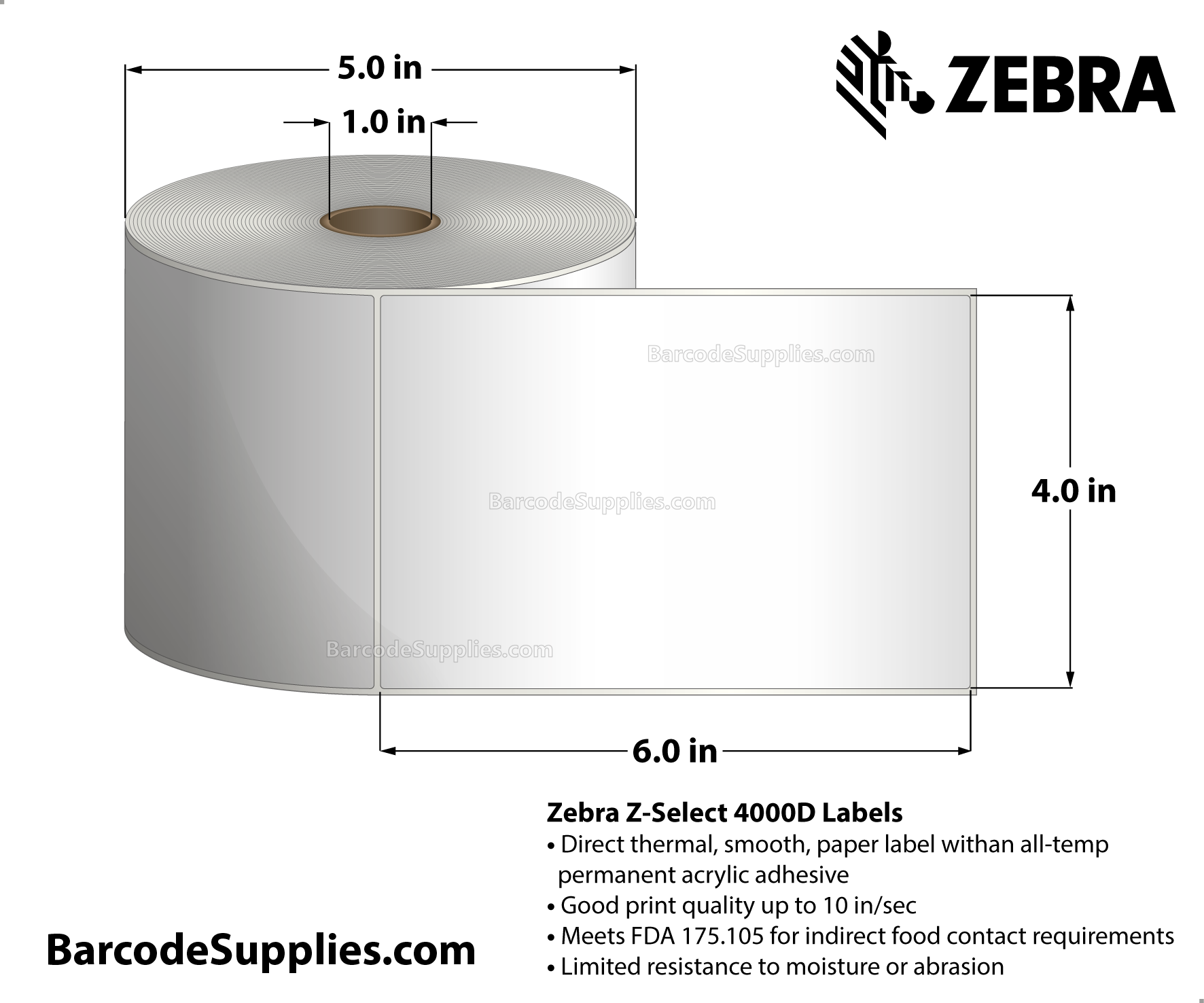 4 x 6 Direct Thermal White Z-Select 4000D Labels With All-Temp Adhesive - Not Perforated - 475 Labels Per Roll - Carton Of 6 Rolls - 2850 Labels Total - MPN: 10010049