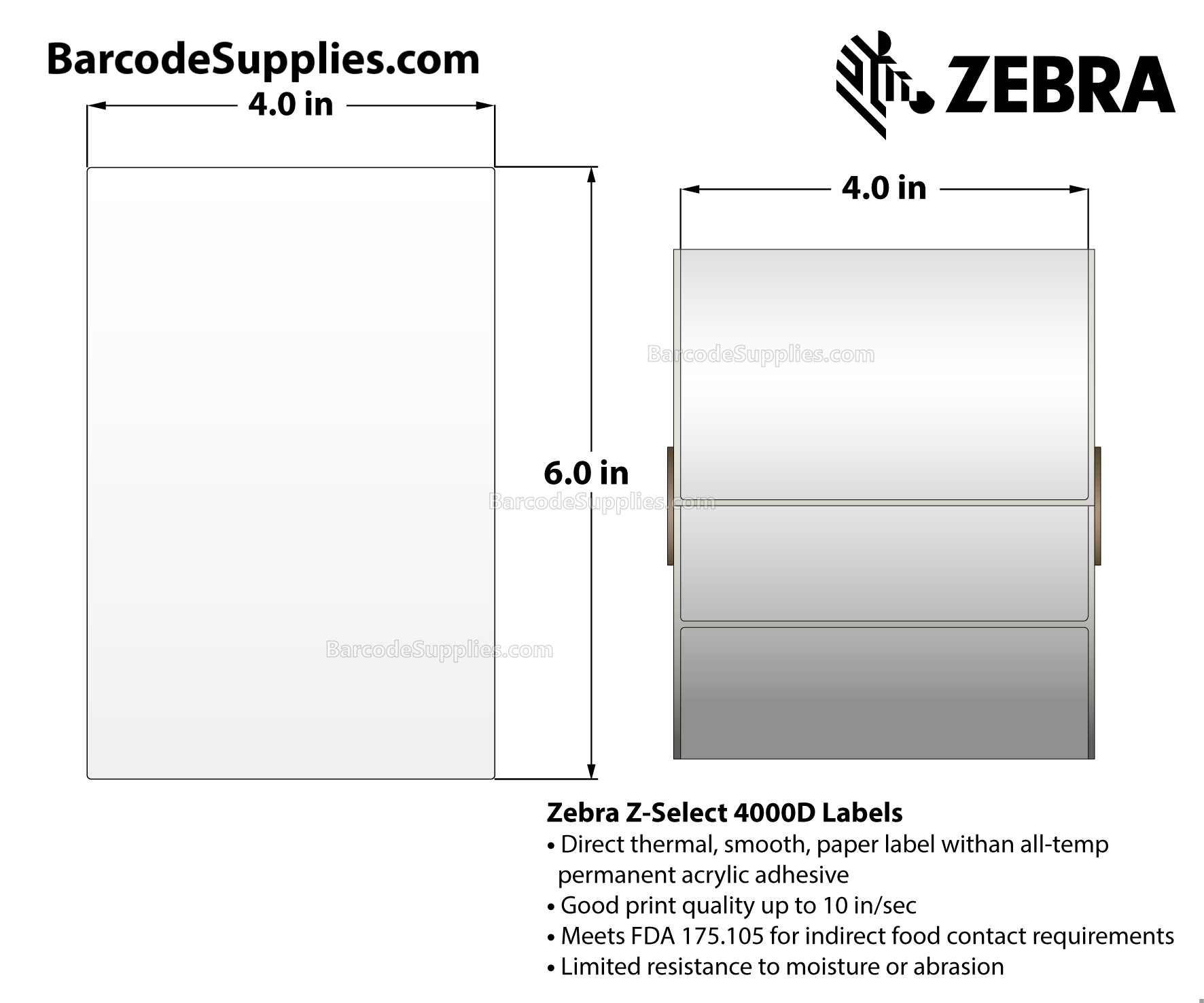 4 x 6 Direct Thermal White Z-Select 4000D Labels With All-Temp Adhesive - Not Perforated - 475 Labels Per Roll - Carton Of 6 Rolls - 2850 Labels Total - MPN: 10010049