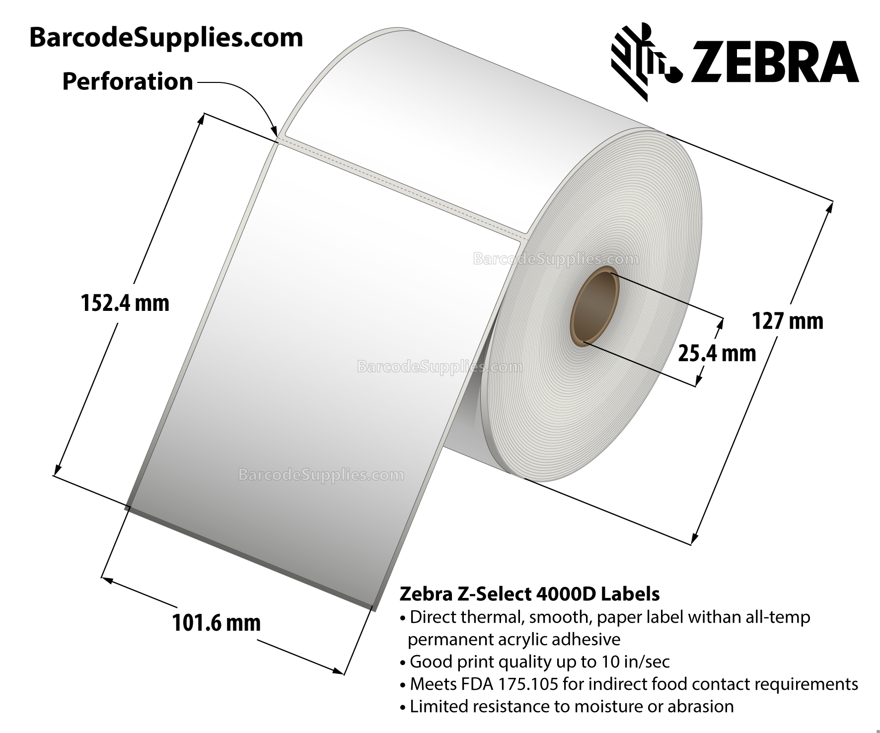 4 x 6 Direct Thermal White Z-Select 4000D Labels With All-Temp Adhesive - Perforated - 475 Labels Per Roll - Carton Of 12 Rolls - 5700 Labels Total - MPN: 10015347