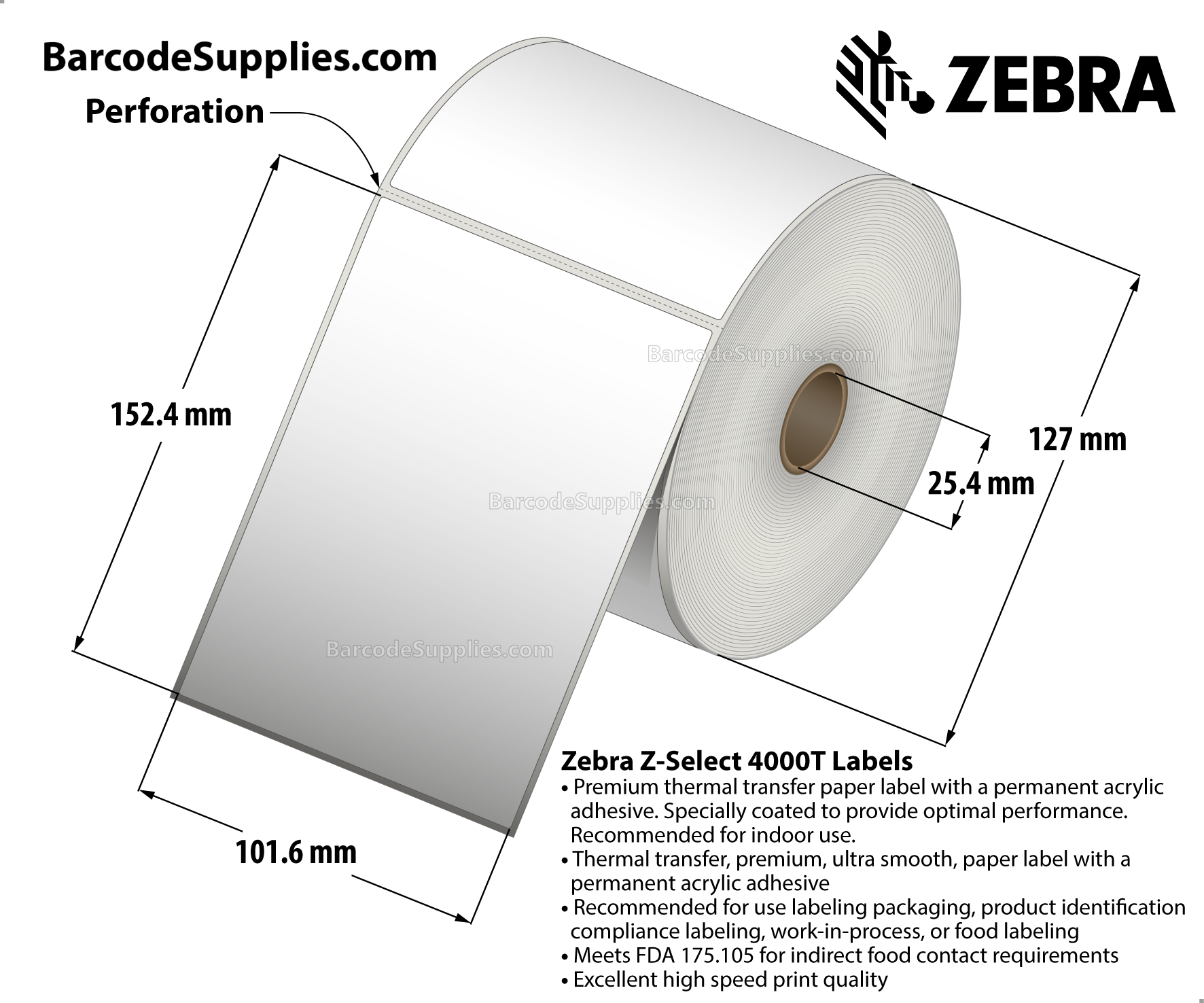 4 x 6 Thermal Transfer White Z-Select 4000T Labels With Permanent Adhesive - Perforated - 475 Labels Per Roll - Carton Of 12 Rolls - 5700 Labels Total - MPN: 800274-605