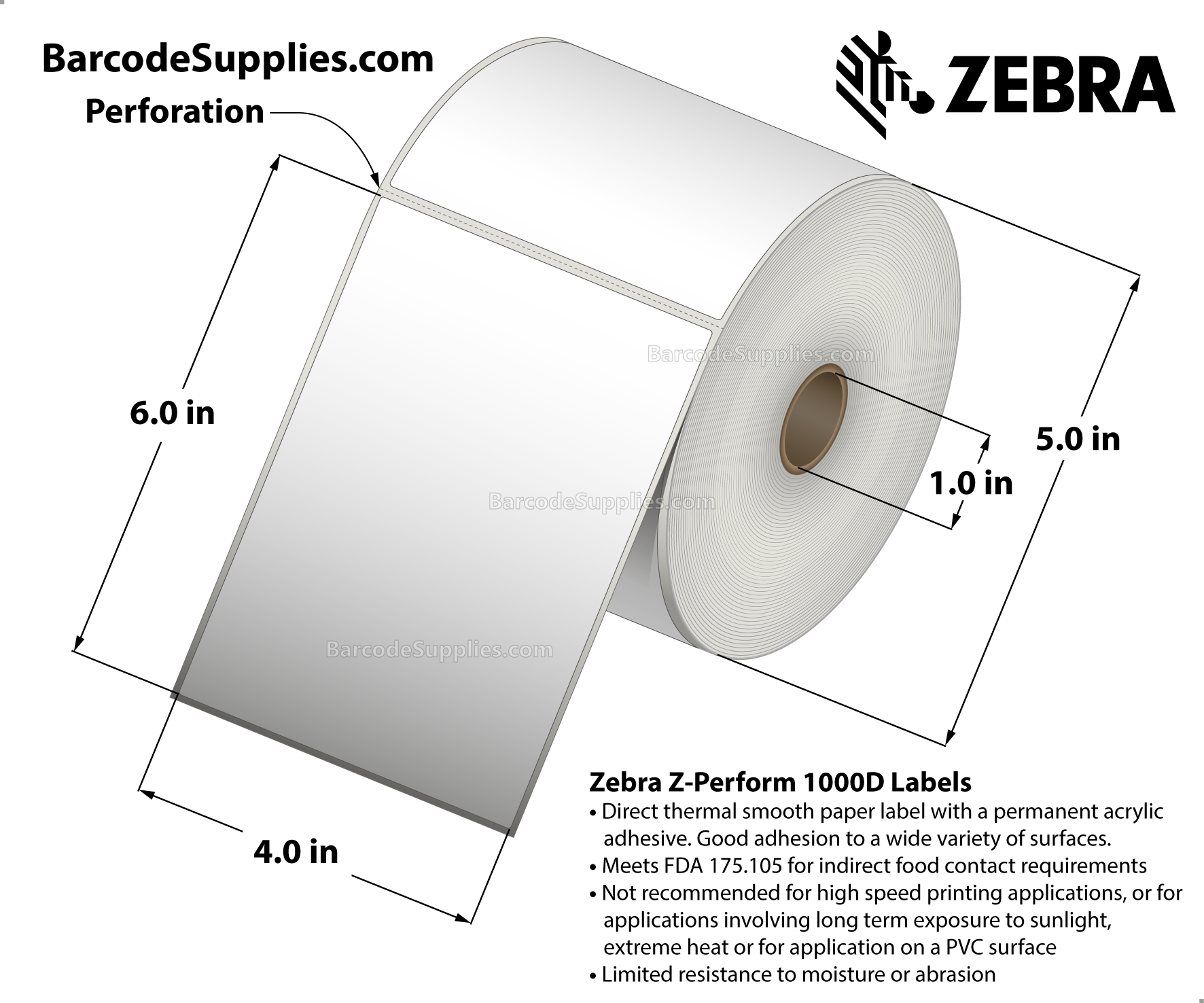 4 x 6 Direct Thermal White Z-Perform 1000D Labels With Permanent Adhesive - Perforated - 430 Labels Per Roll - Carton Of 6 Rolls - 2580 Labels Total - MPN: 10026382