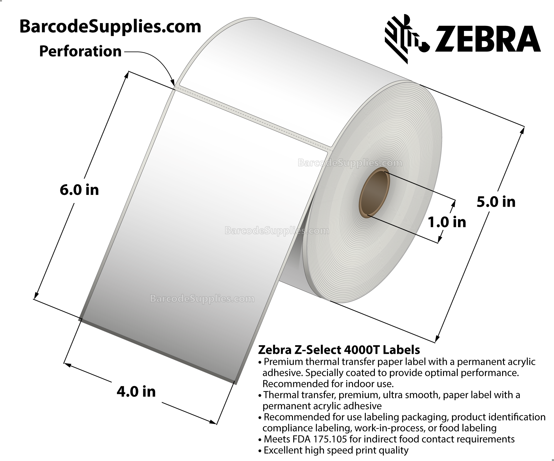 4 x 6 Thermal Transfer White Z-Select 4000T Labels With Permanent Adhesive - Perforated - 475 Labels Per Roll - Carton Of 12 Rolls - 5700 Labels Total - MPN: 800274-605