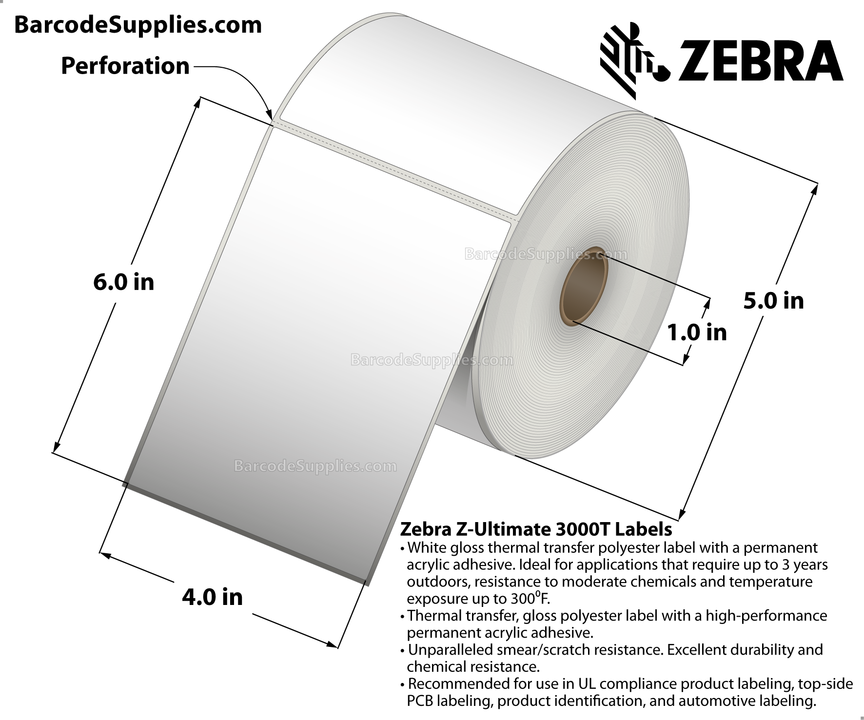 4 x 6 Thermal Transfer White Z-Ultimate 3000T Labels With Permanent Adhesive - Perforated - 460 Labels Per Roll - Carton Of 4 Rolls - 1840 Labels Total - MPN: 18941