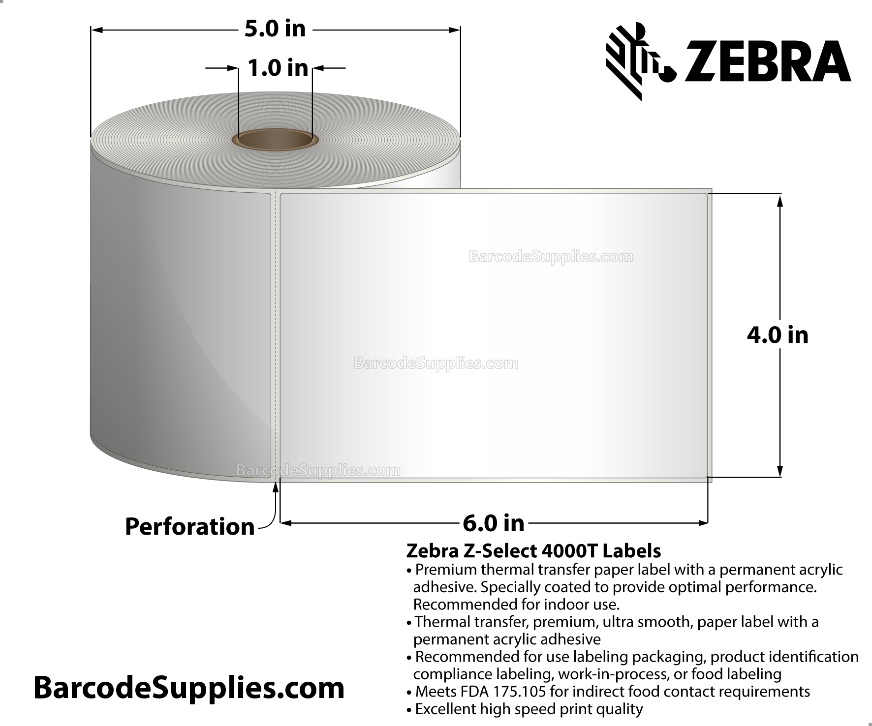 4 x 6 Thermal Transfer White Z-Select 4000T Labels With Permanent Adhesive - Perforated - 475 Labels Per Roll - Carton Of 12 Rolls - 5700 Labels Total - MPN: 800274-605