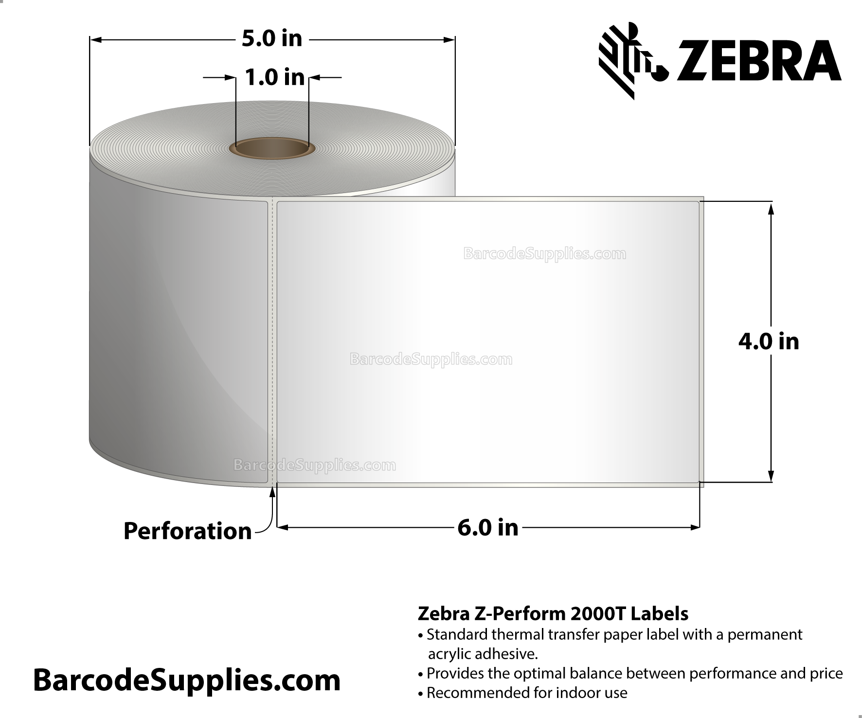 4 x 6 Thermal Transfer White Z-Perform 2000T Labels With Permanent Adhesive - Perforated - 460 Labels Per Roll - Carton Of 6 Rolls - 2760 Labels Total - MPN: 10005853