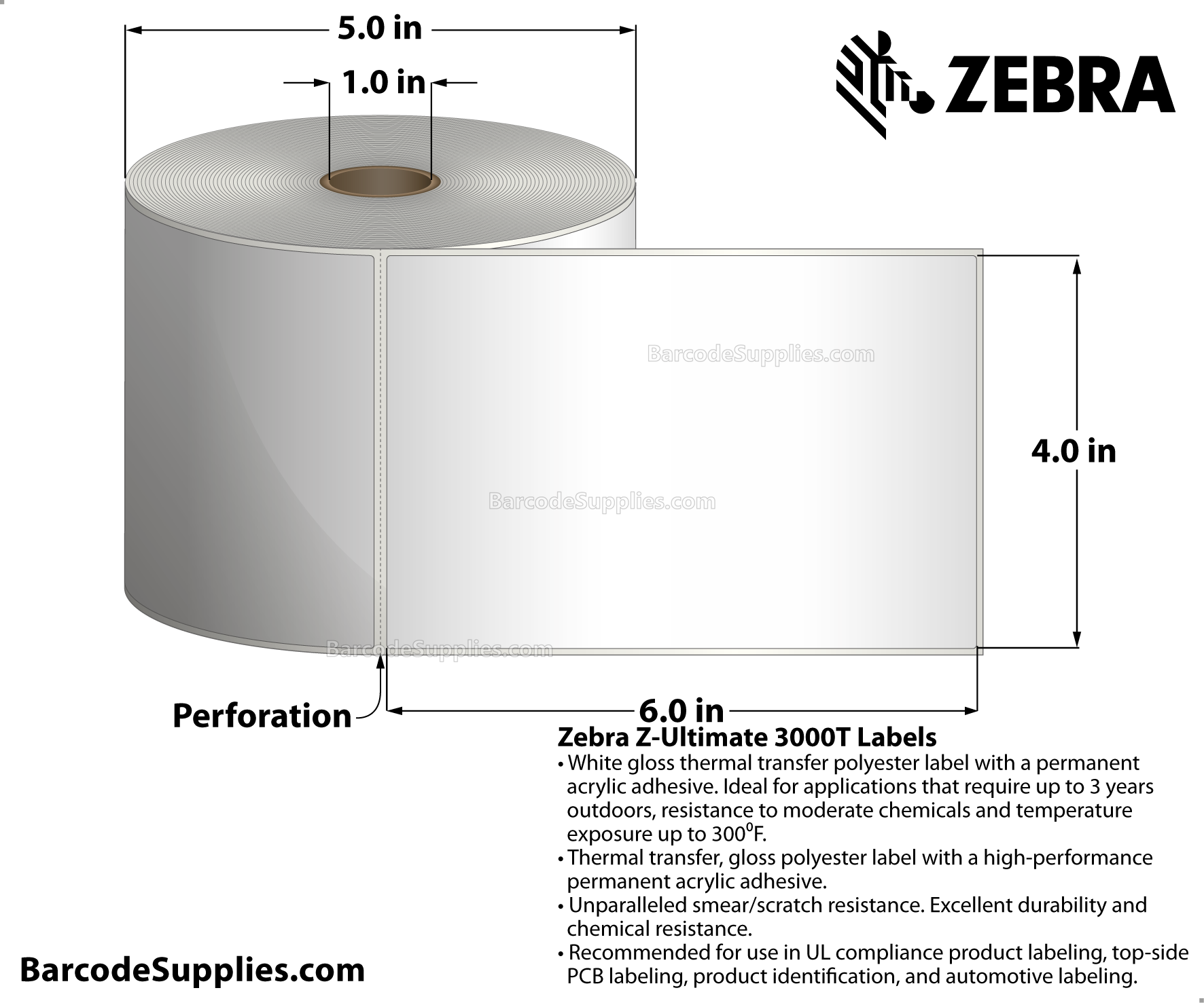 4 x 6 Thermal Transfer White Z-Ultimate 3000T Labels With Permanent Adhesive - Perforated - 460 Labels Per Roll - Carton Of 4 Rolls - 1840 Labels Total - MPN: 18941