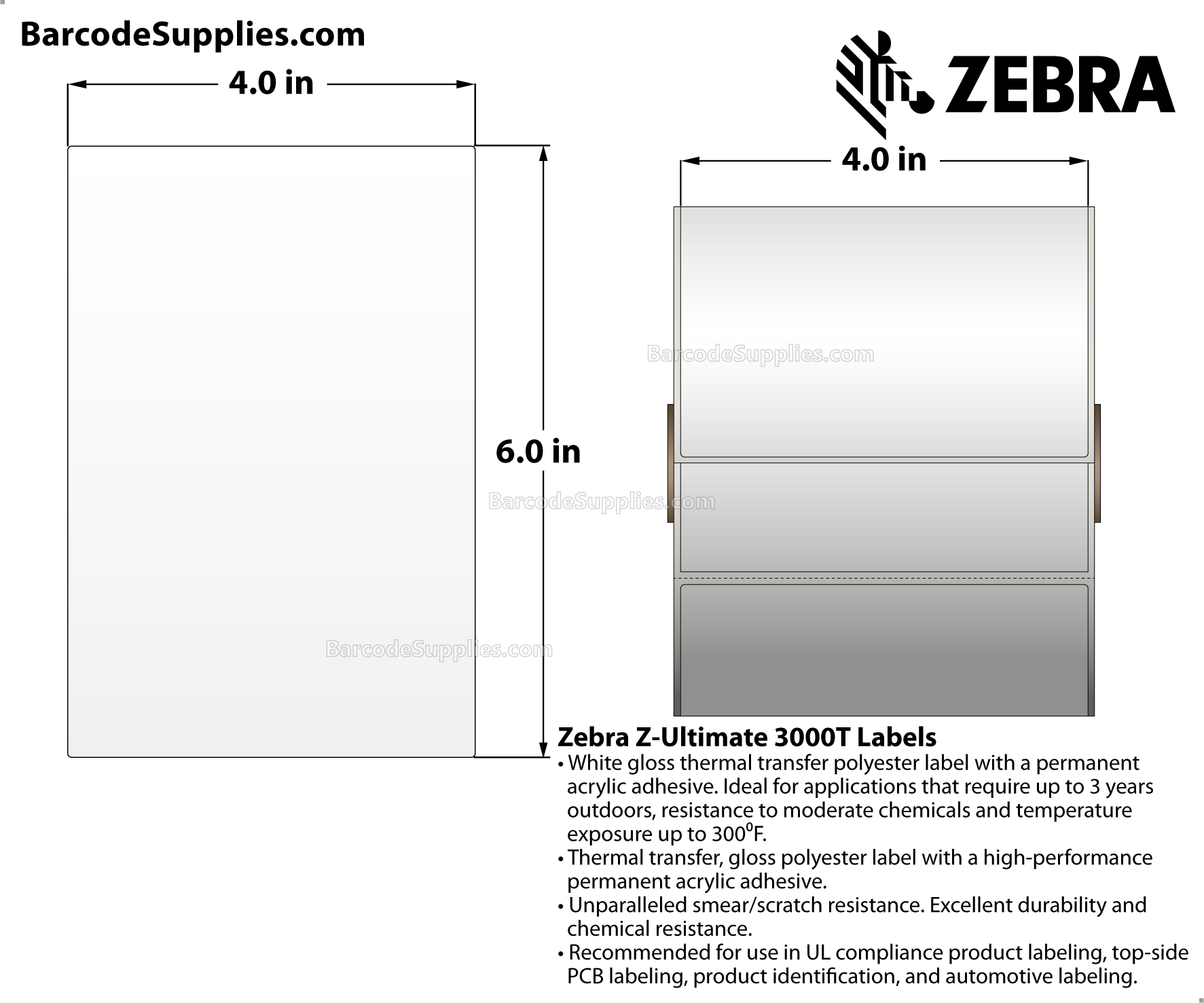 4 x 6 Thermal Transfer White Z-Ultimate 3000T Labels With Permanent Adhesive - Perforated - 460 Labels Per Roll - Carton Of 4 Rolls - 1840 Labels Total - MPN: 18941