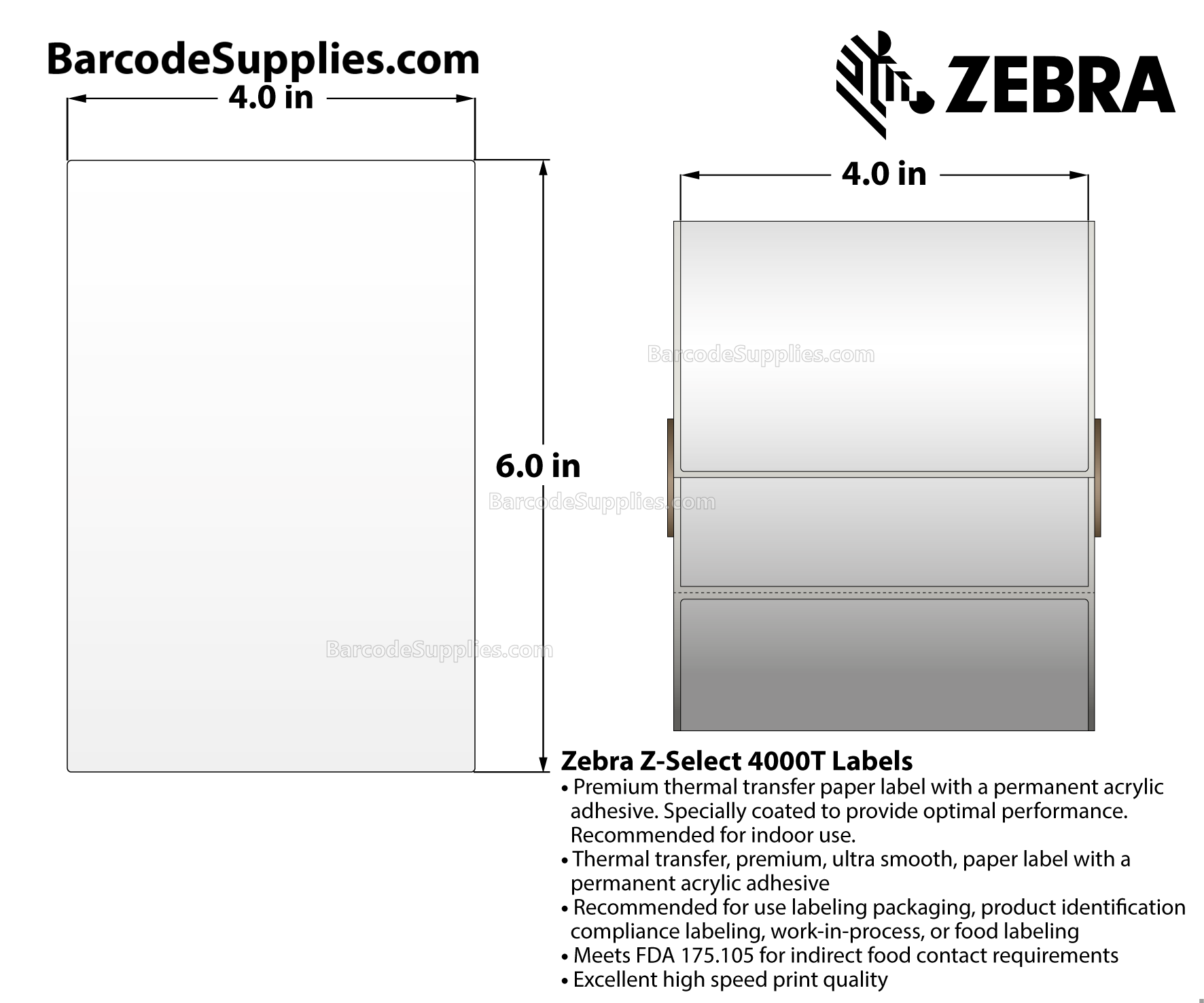 4 x 6 Thermal Transfer White Z-Select 4000T Labels With Permanent Adhesive - Perforated - 475 Labels Per Roll - Carton Of 12 Rolls - 5700 Labels Total - MPN: 800274-605