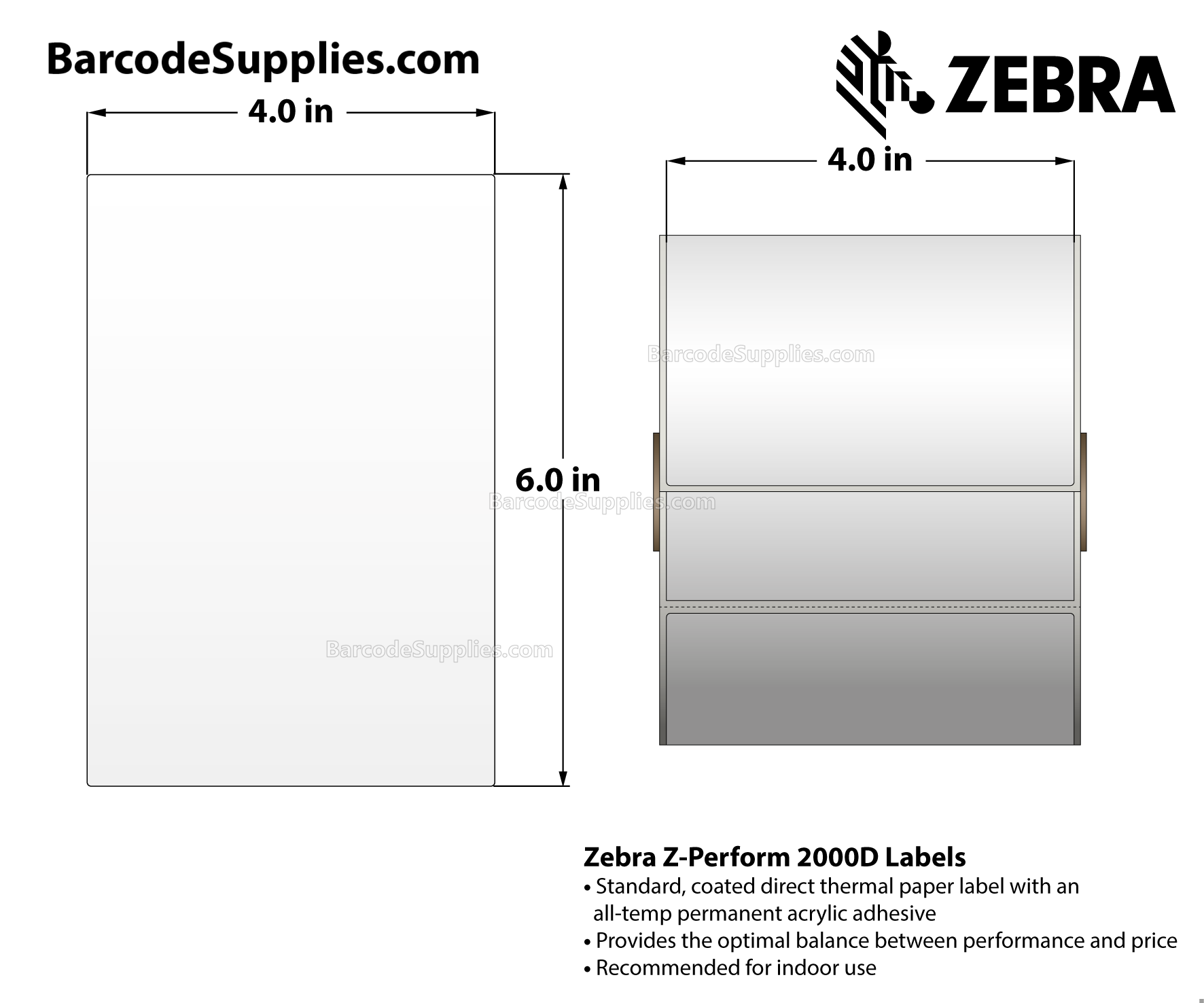 4 x 6 Direct Thermal White Z-Perform 2000D Labels With All-Temp Adhesive - Perforated - 430 Labels Per Roll - Carton Of 6 Rolls - 2580 Labels Total - MPN: 10010034