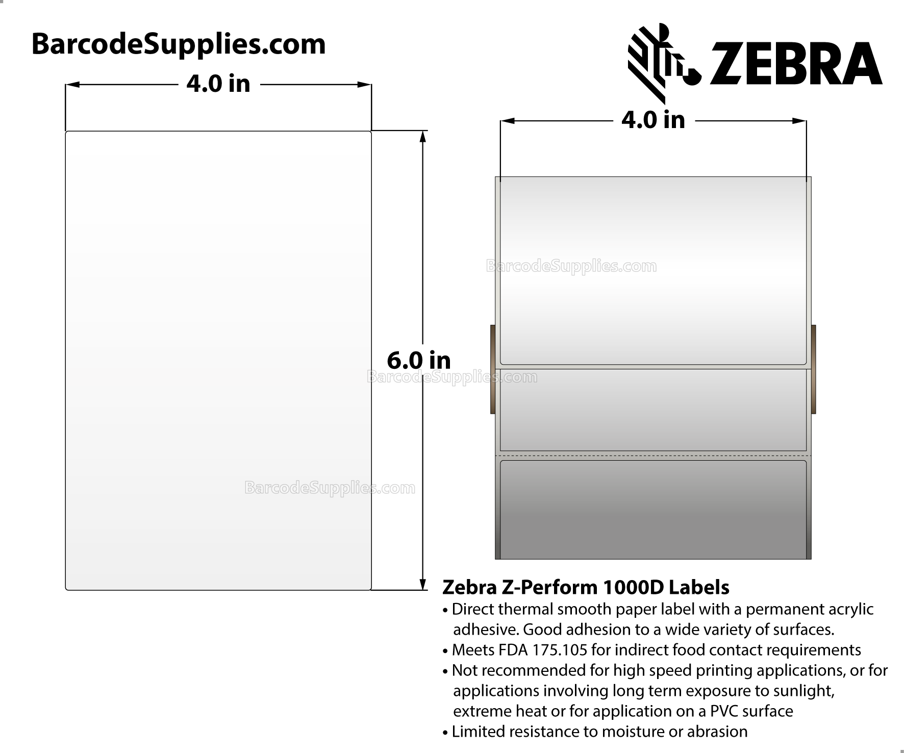 4 x 6 Direct Thermal White Z-Perform 1000D Labels With Permanent Adhesive - Perforated - 430 Labels Per Roll - Carton Of 6 Rolls - 2580 Labels Total - MPN: 10026382