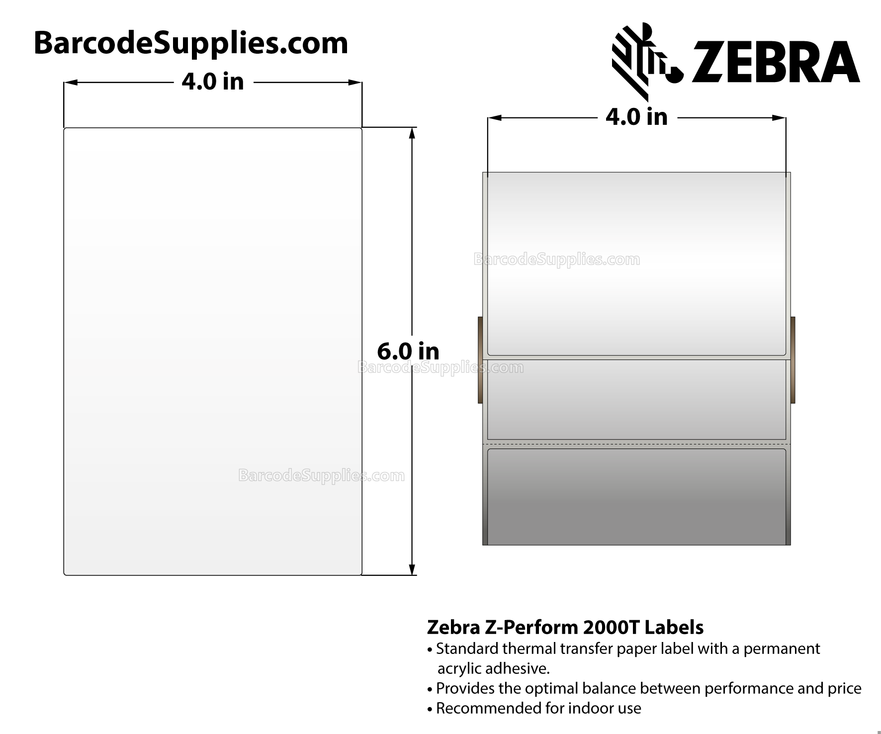 4 x 6 Thermal Transfer White Z-Perform 2000T Labels With Permanent Adhesive - Perforated - 460 Labels Per Roll - Carton Of 6 Rolls - 2760 Labels Total - MPN: 10005853
