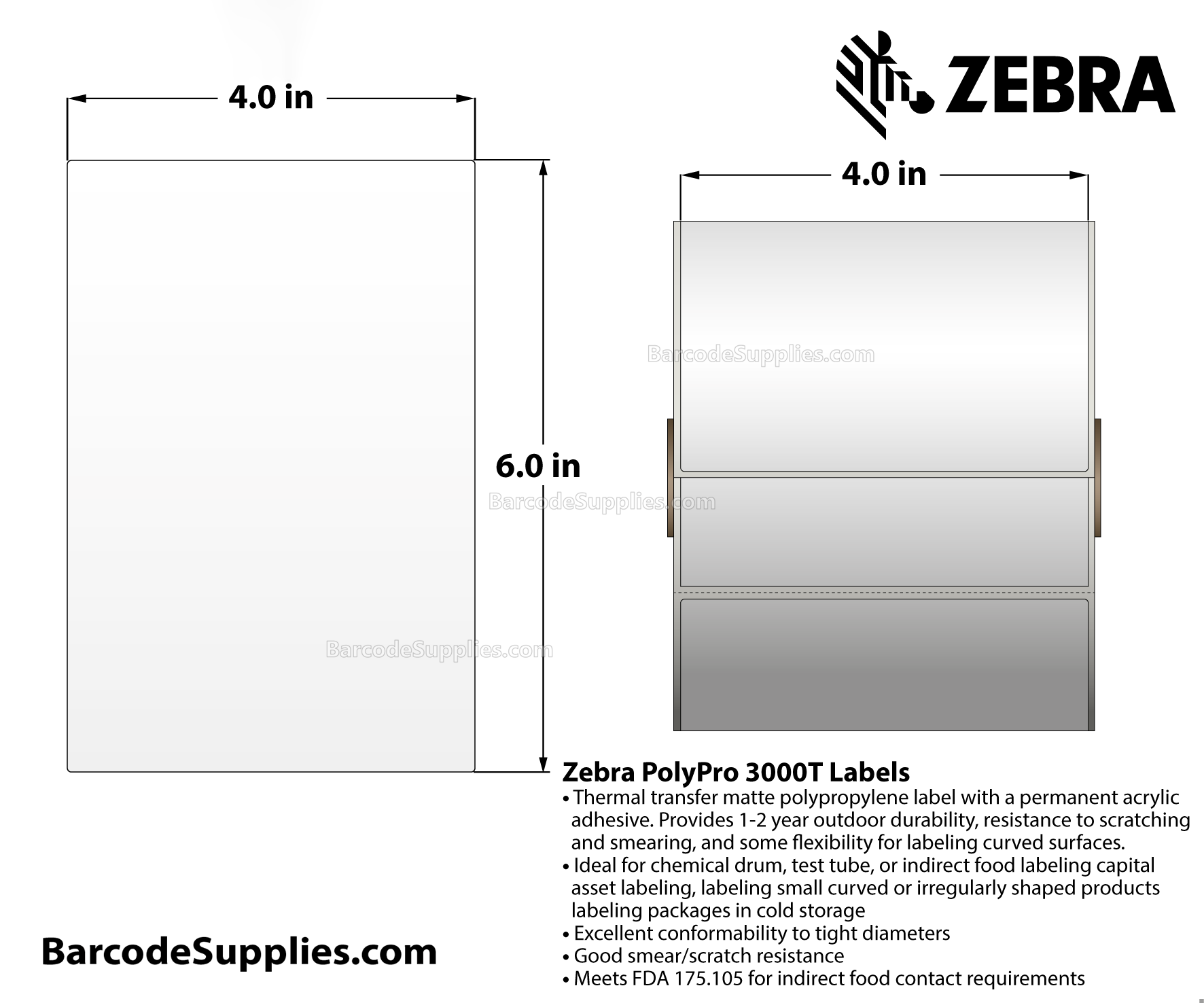 4 x 6 Thermal Transfer White PolyPro 3000T Labels With Permanent Adhesive - Perforated - 390 Labels Per Roll - Carton Of 4 Rolls - 1560 Labels Total - MPN: 18926