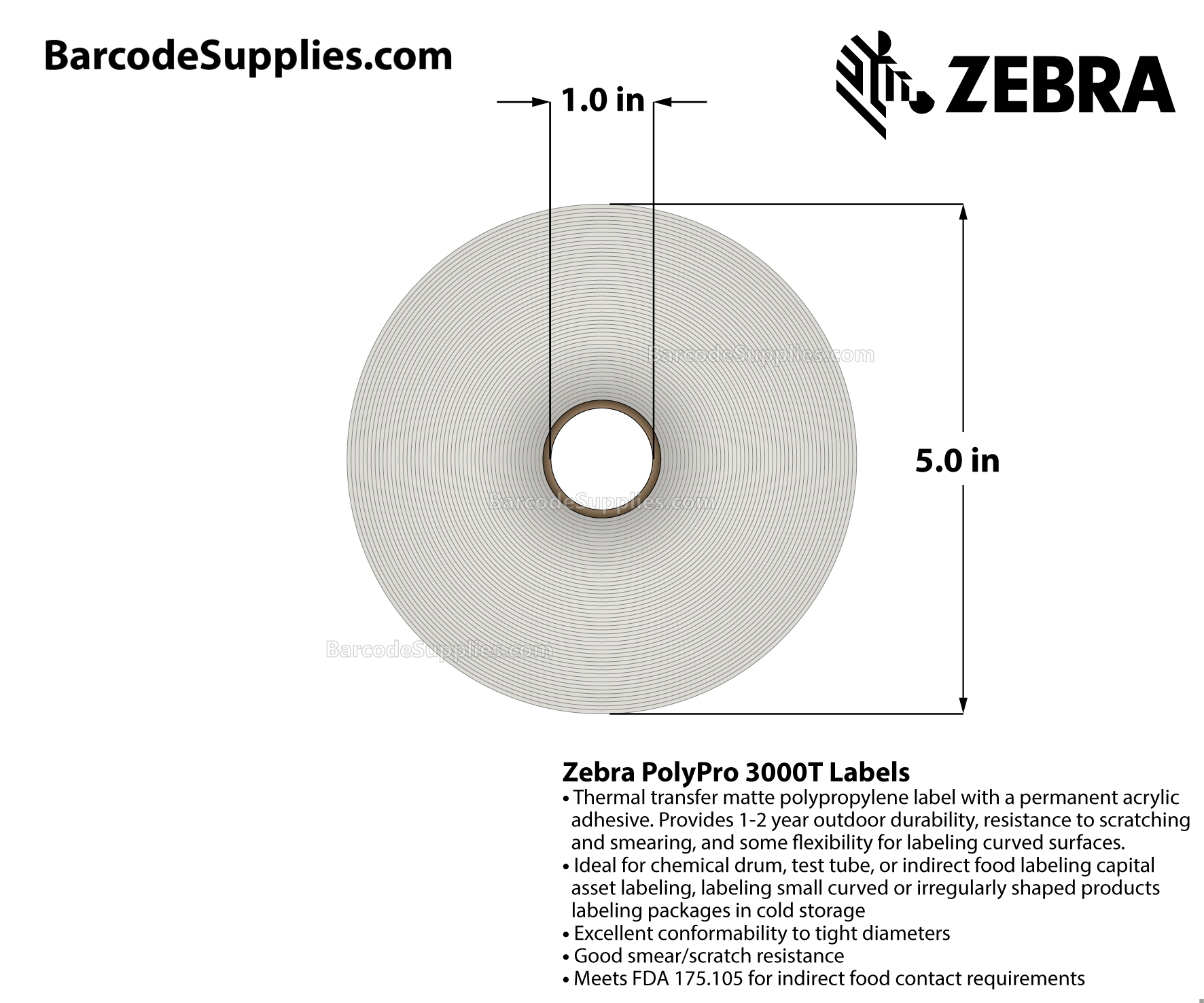4 x 6 Thermal Transfer White PolyPro 3000T Labels With Permanent Adhesive - Perforated - 390 Labels Per Roll - Carton Of 4 Rolls - 1560 Labels Total - MPN: 18926