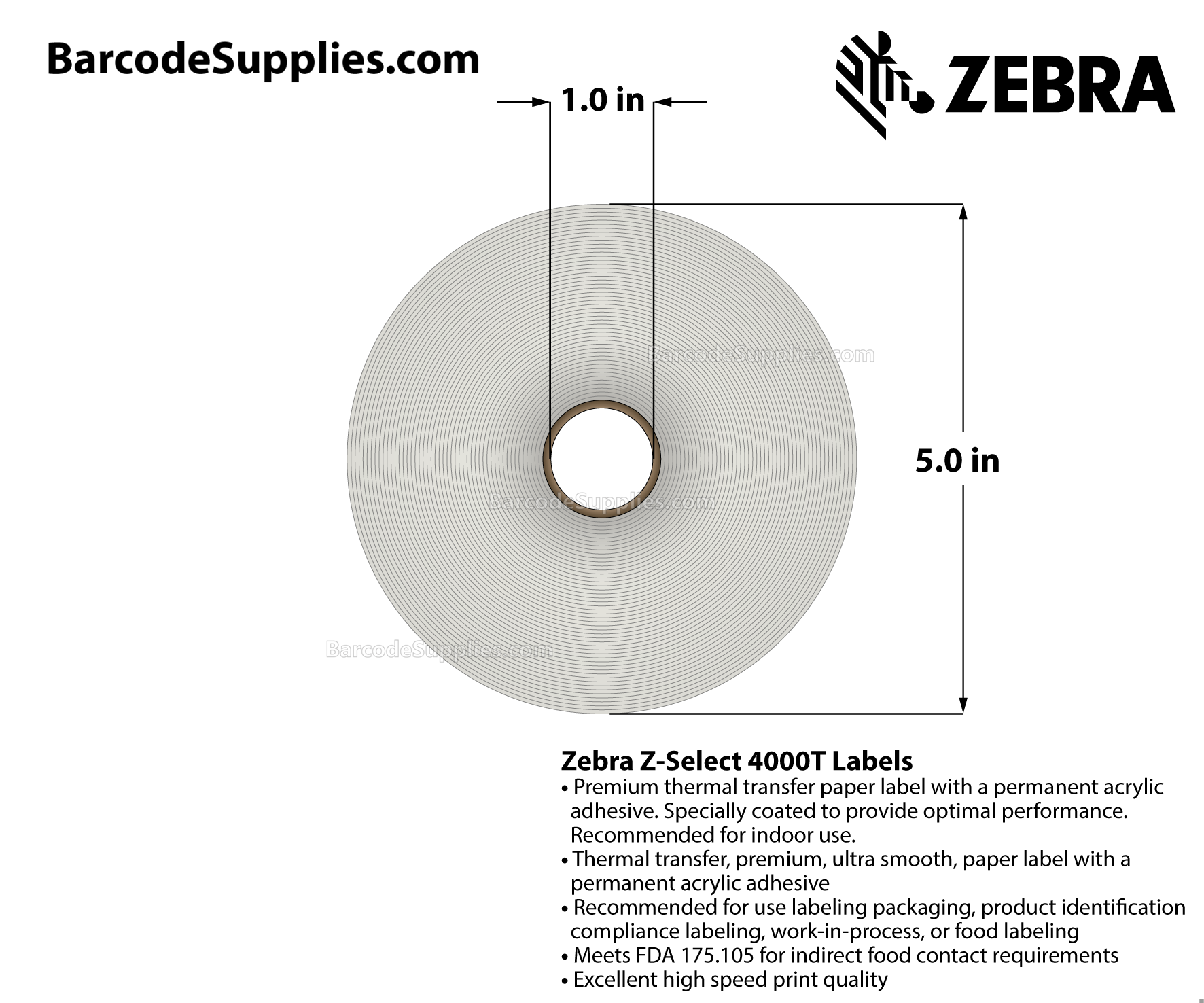 4 x 6 Thermal Transfer White Z-Select 4000T Labels With Permanent Adhesive - Perforated - 475 Labels Per Roll - Carton Of 12 Rolls - 5700 Labels Total - MPN: 800274-605