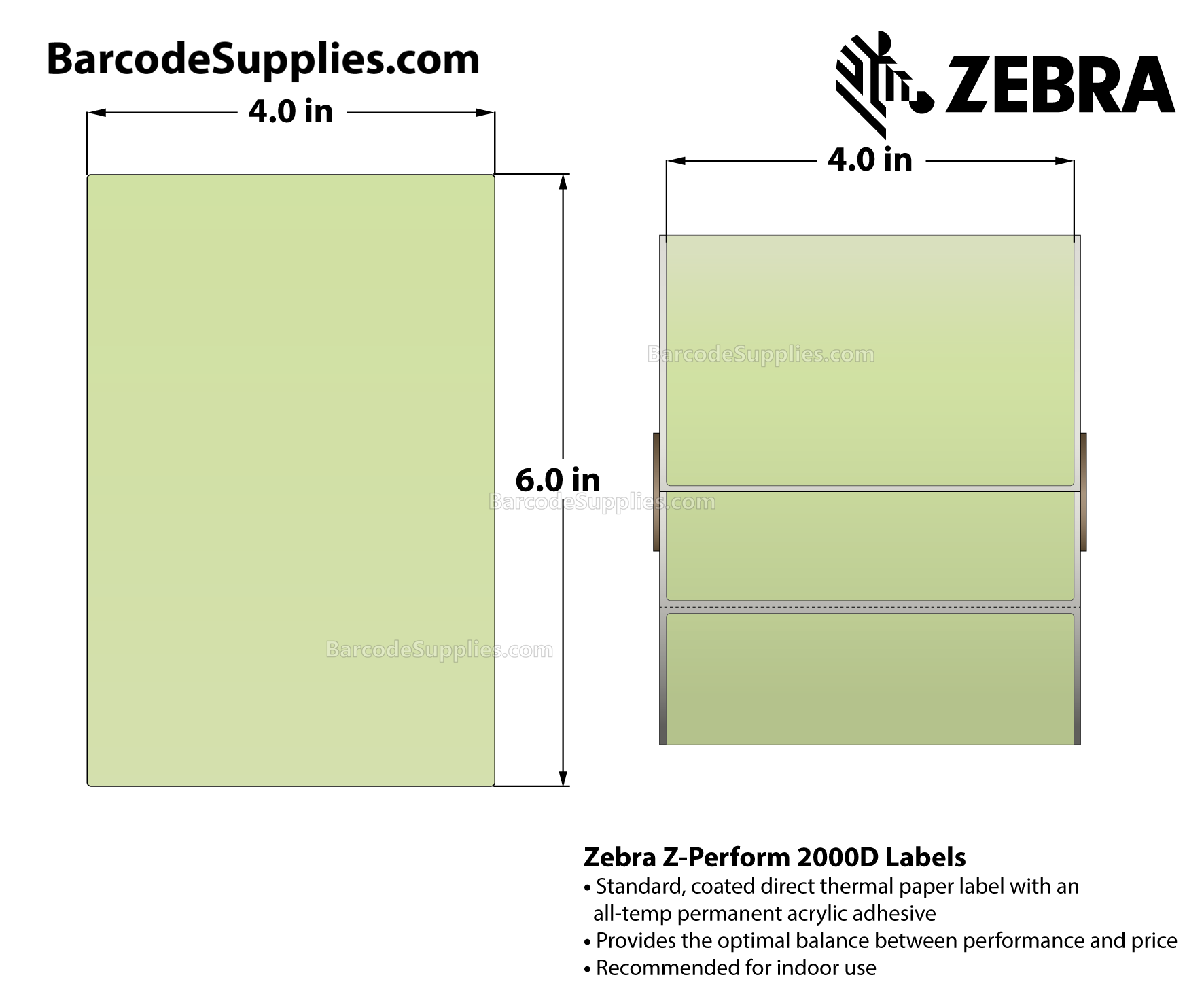 4 x 6 Direct Thermal Green - PMS 365 Z-Perform 2000D Floodcoated (Green) Labels With All-Temp Adhesive - Perforated - 430 Labels Per Roll - Carton Of 6 Rolls - 2580 Labels Total - MPN: 10010035-1