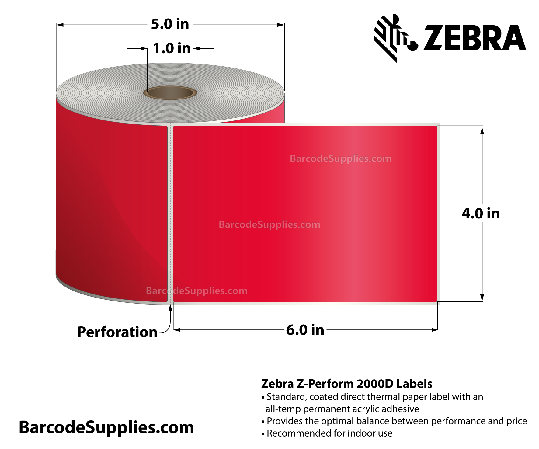 4 x 6 Direct Thermal Red - PMS 185 Z-Perform 2000D Floodcoated (Red) Labels With All-Temp Adhesive - Perforated - 430 Labels Per Roll - Carton Of 6 Rolls - 2580 Labels Total - MPN: 10010035-3