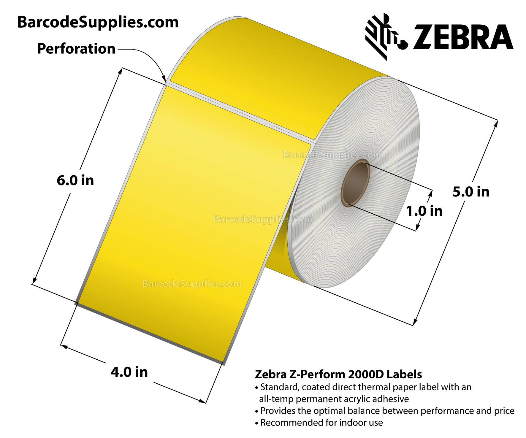 Zebra 4.00 x 6.00 Direct Thermal Labels Z-Perform 2000D Floodcoated  (Yellow) 1