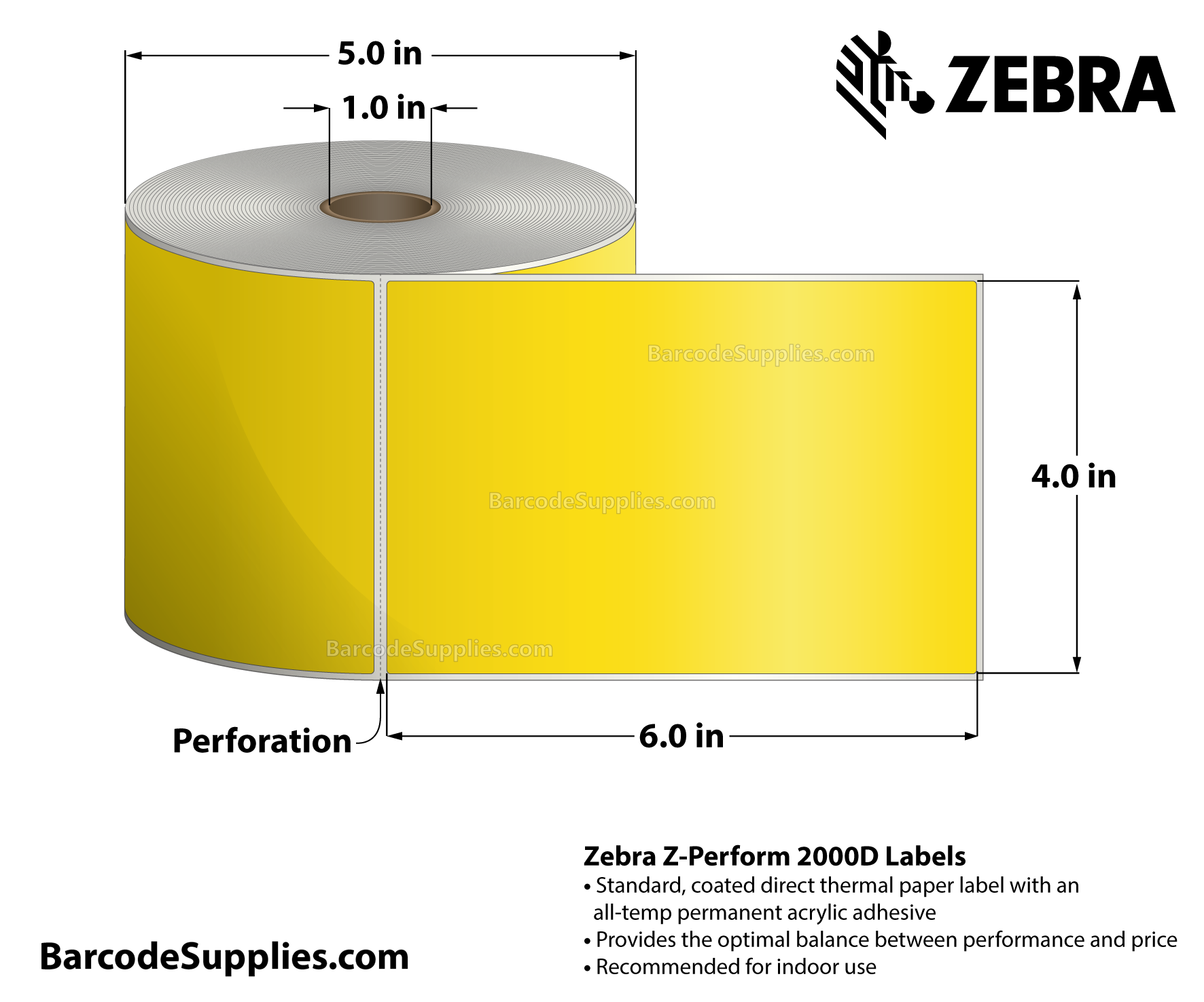 4 x 6 Direct Thermal Pantone Yellow Z-Perform 2000D Floodcoated (Yellow) Labels With All-Temp Adhesive - Perforated - 430 Labels Per Roll - Carton Of 6 Rolls - 2580 Labels Total - MPN: 10010035
