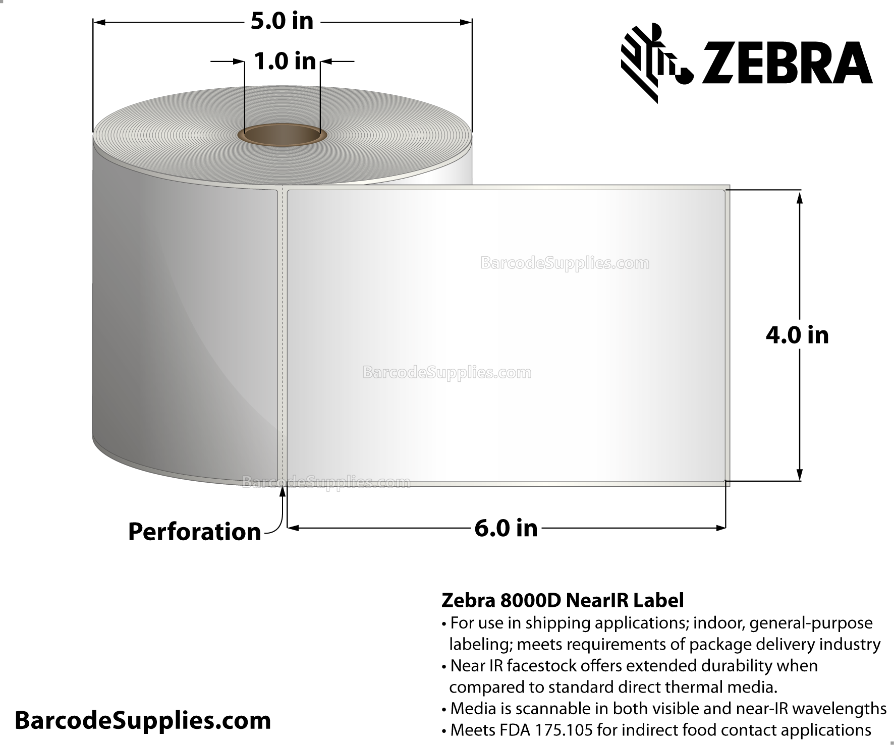 4 x 6 Direct Thermal White 8000D Near-IR (Parcel Shipping Label) Labels With Permanent Adhesive - Perforated - 410 Labels Per Roll - Carton Of 4 Rolls - 1640 Labels Total - MPN: 10010060
