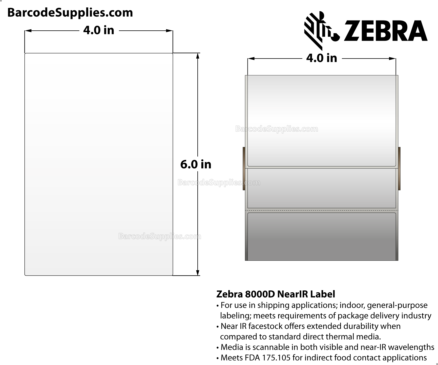 4 x 6 Direct Thermal White 8000D Near-IR (Parcel Shipping Label) Labels With Permanent Adhesive - Perforated - 410 Labels Per Roll - Carton Of 4 Rolls - 1640 Labels Total - MPN: 10010060