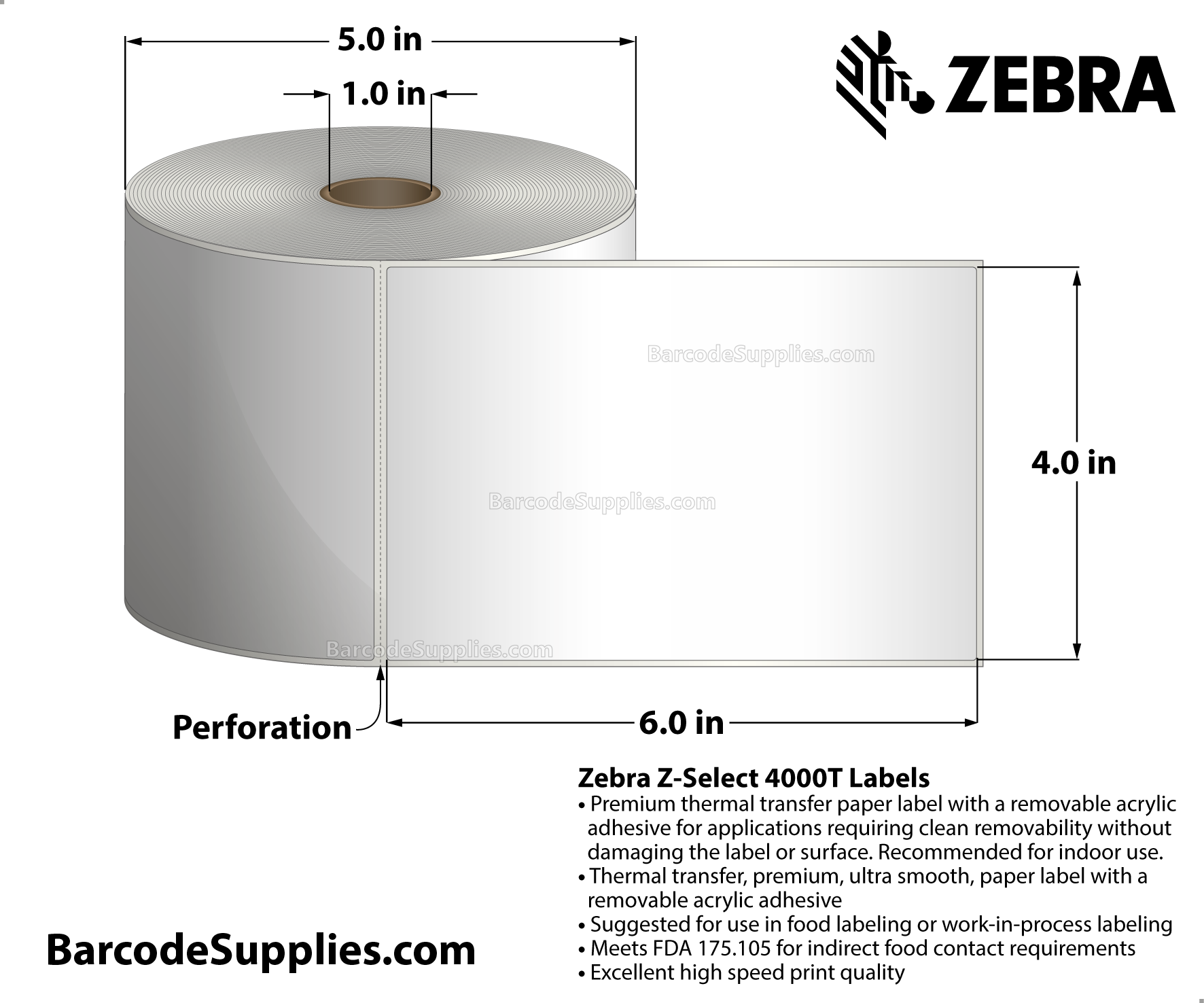 4 x 6 Thermal Transfer White Z-Select 4000T Removable Labels With Removable Adhesive - Perforated - 430 Labels Per Roll - Carton Of 6 Rolls - 2580 Labels Total - MPN: 10005849