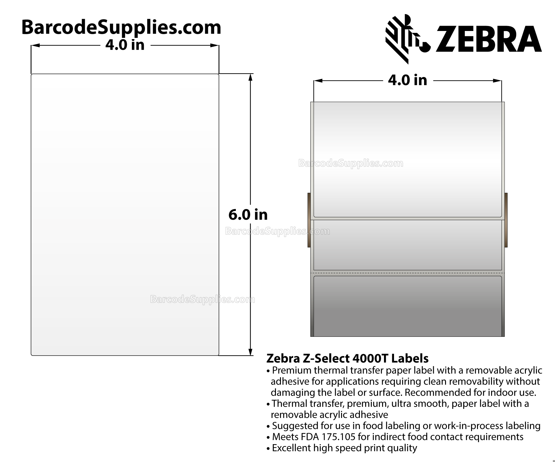 4 x 6 Thermal Transfer White Z-Select 4000T Removable Labels With Removable Adhesive - Perforated - 430 Labels Per Roll - Carton Of 6 Rolls - 2580 Labels Total - MPN: 10005849