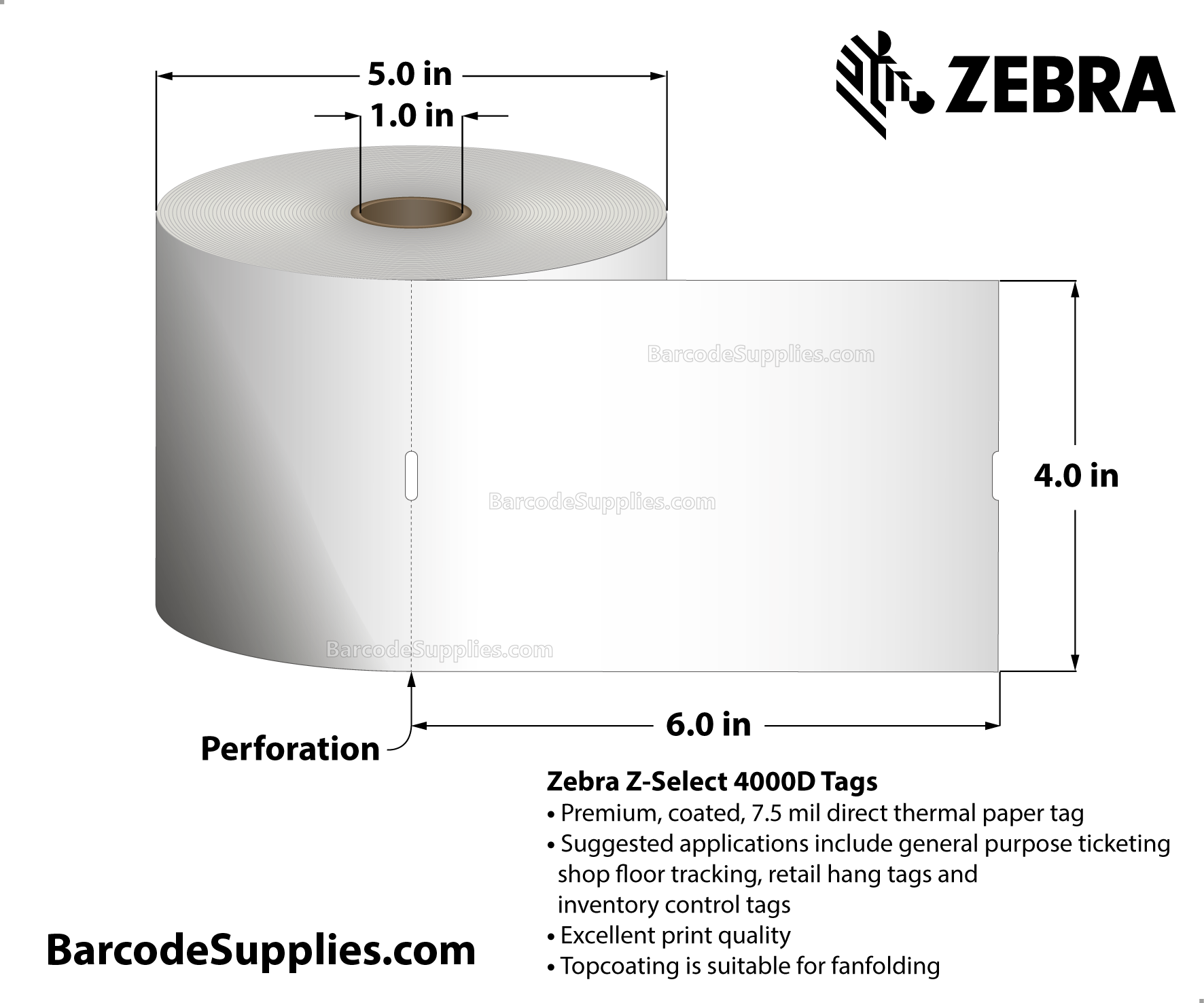 4 x 6 Direct Thermal White Z-Select 4000D 7 mil Tag Tags With No Adhesive - Contains sensing notch - Perforated - 365 Tags Per Roll - Carton Of 4 Rolls - 1460 Tags Total - MPN: 10015364