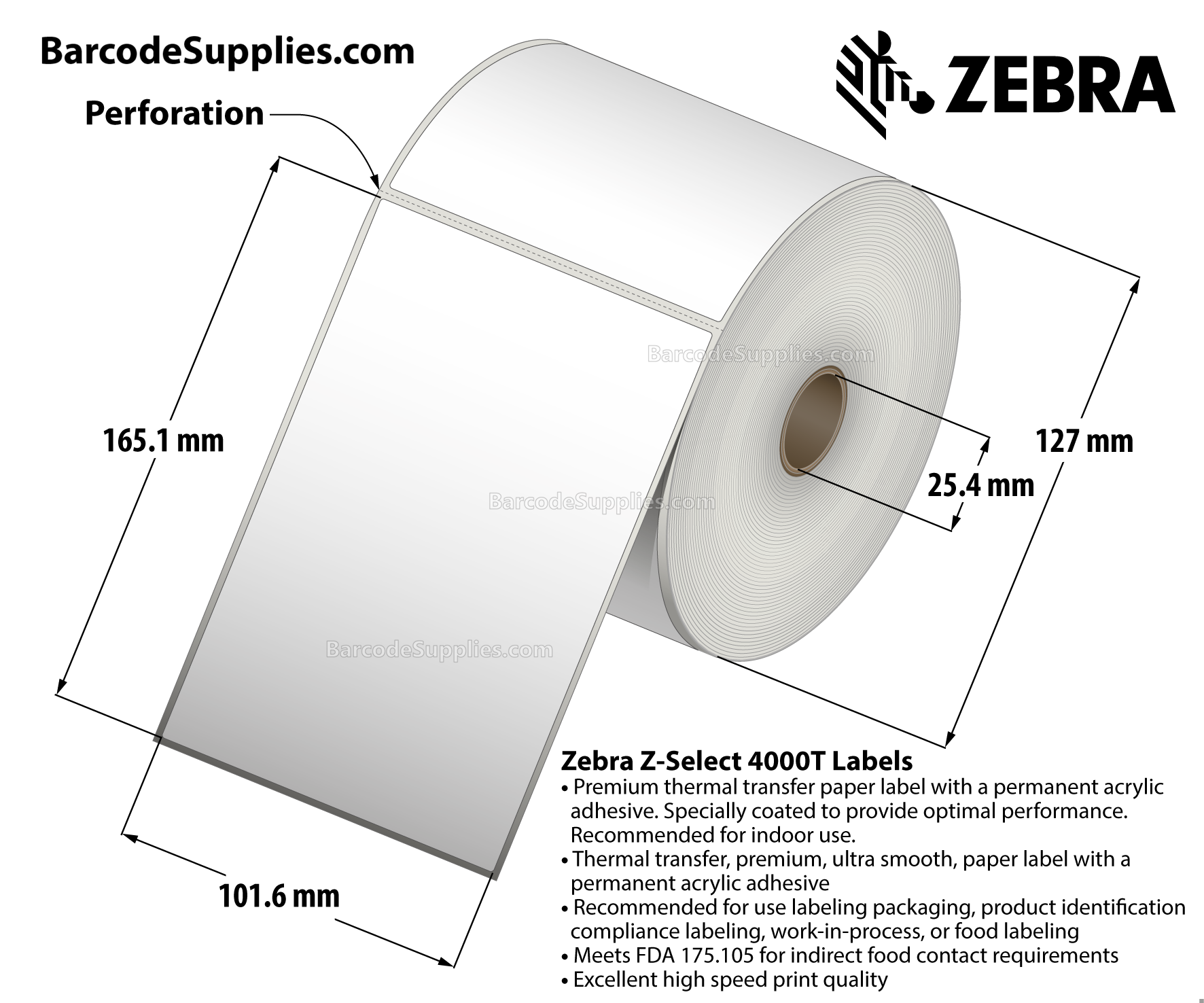 4 x 6.5 Thermal Transfer White Z-Select 4000T Labels With Permanent Adhesive - Perforated - 380 Labels Per Roll - Carton Of 4 Rolls - 1520 Labels Total - MPN: 83257