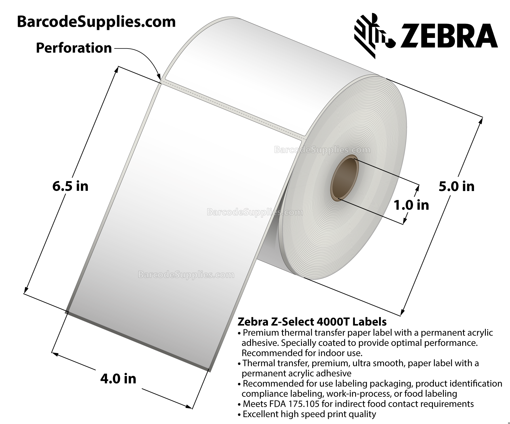 4 x 6.5 Thermal Transfer White Z-Select 4000T Labels With Permanent Adhesive - Perforated - 380 Labels Per Roll - Carton Of 4 Rolls - 1520 Labels Total - MPN: 83257