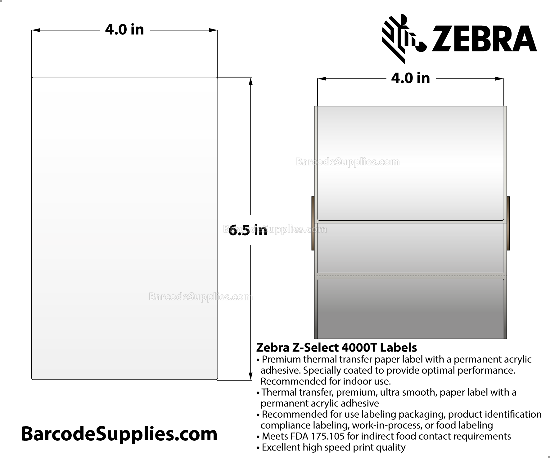 4 x 6.5 Thermal Transfer White Z-Select 4000T Labels With Permanent Adhesive - Perforated - 380 Labels Per Roll - Carton Of 4 Rolls - 1520 Labels Total - MPN: 83257