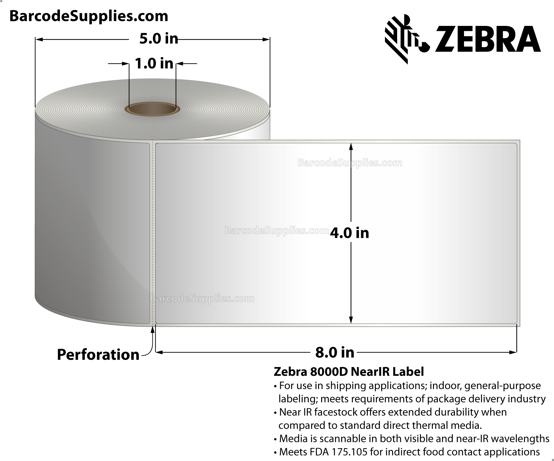 4 x 8 Direct Thermal White 8000D Near-IR (Parcel Shipping Label) Labels With Permanent Adhesive - Perforated - 310 Labels Per Roll - Carton Of 4 Rolls - 1240 Labels Total - MPN: 10010061