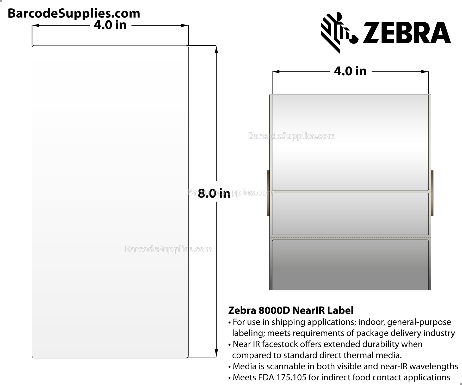 4 x 8 Direct Thermal White 8000D Near-IR (Parcel Shipping Label) Labels With Permanent Adhesive - Perforated - 310 Labels Per Roll - Carton Of 4 Rolls - 1240 Labels Total - MPN: 10010061