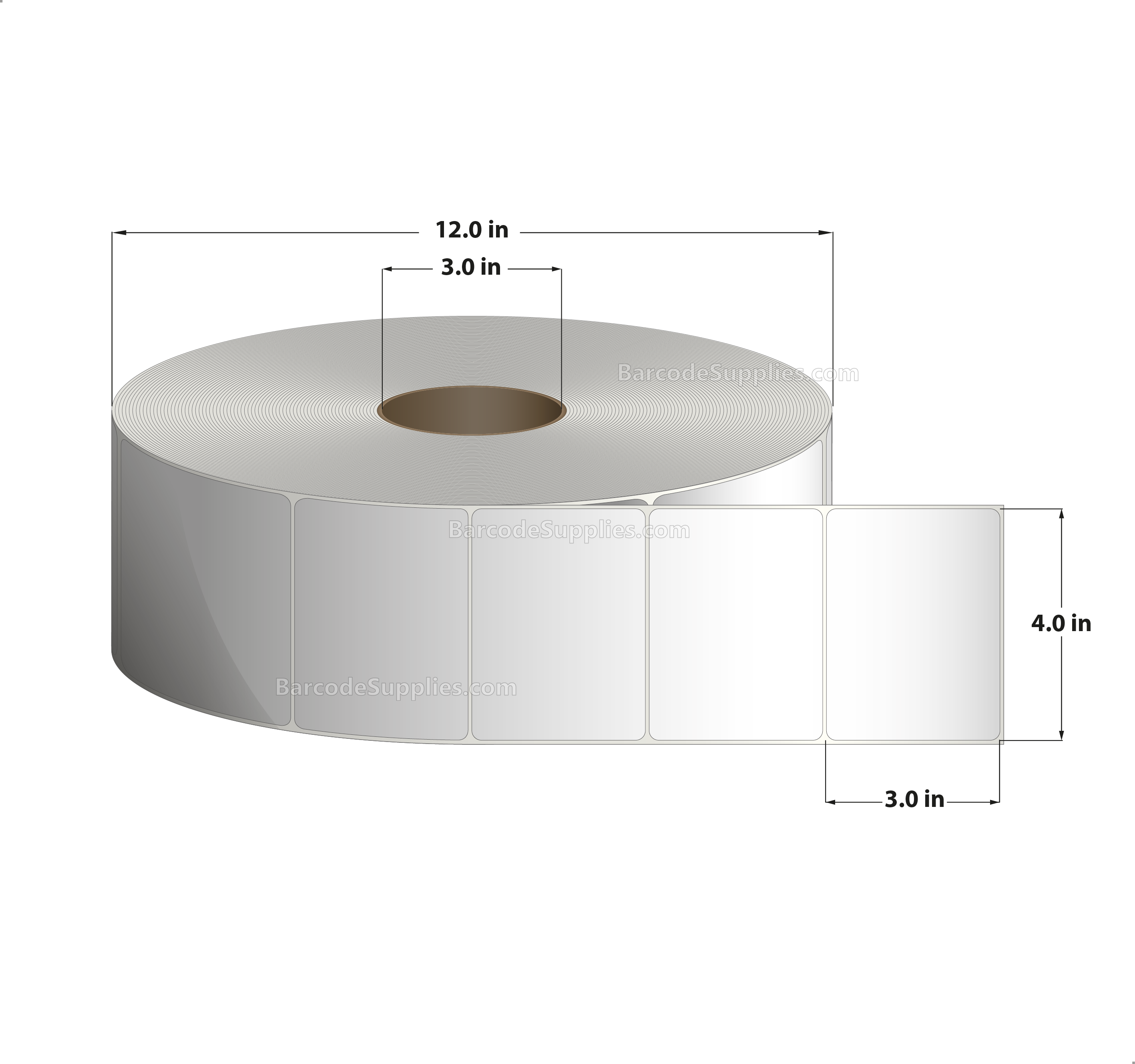 4 x 3 Thermal Transfer White Labels With Permanent Adhesive - No Perforation - 5164 Labels Per Roll - Carton Of 3 Rolls - 15492 Labels Total - MPN: RT-4-3-5164-NP