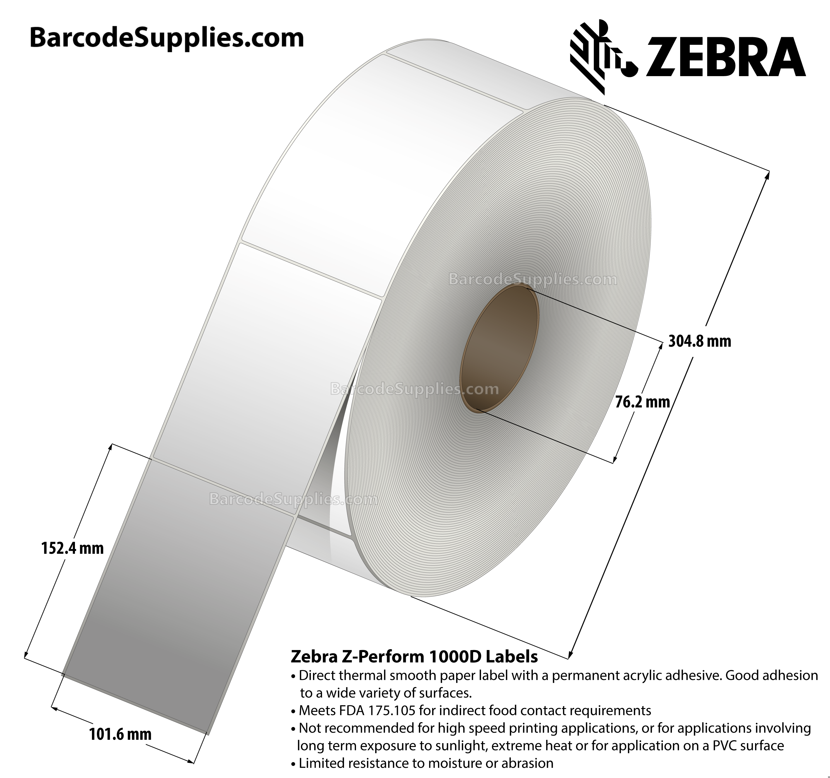 4 x 6 Direct Thermal White Z-Perform 1000D Labels With Permanent Adhesive - Meets FDA 175.105 indirect food contact requirements. - Not Perforated - 2500 Labels Per Roll - Carton Of 2 Rolls - 5000 Labels Total - MPN: 10026037