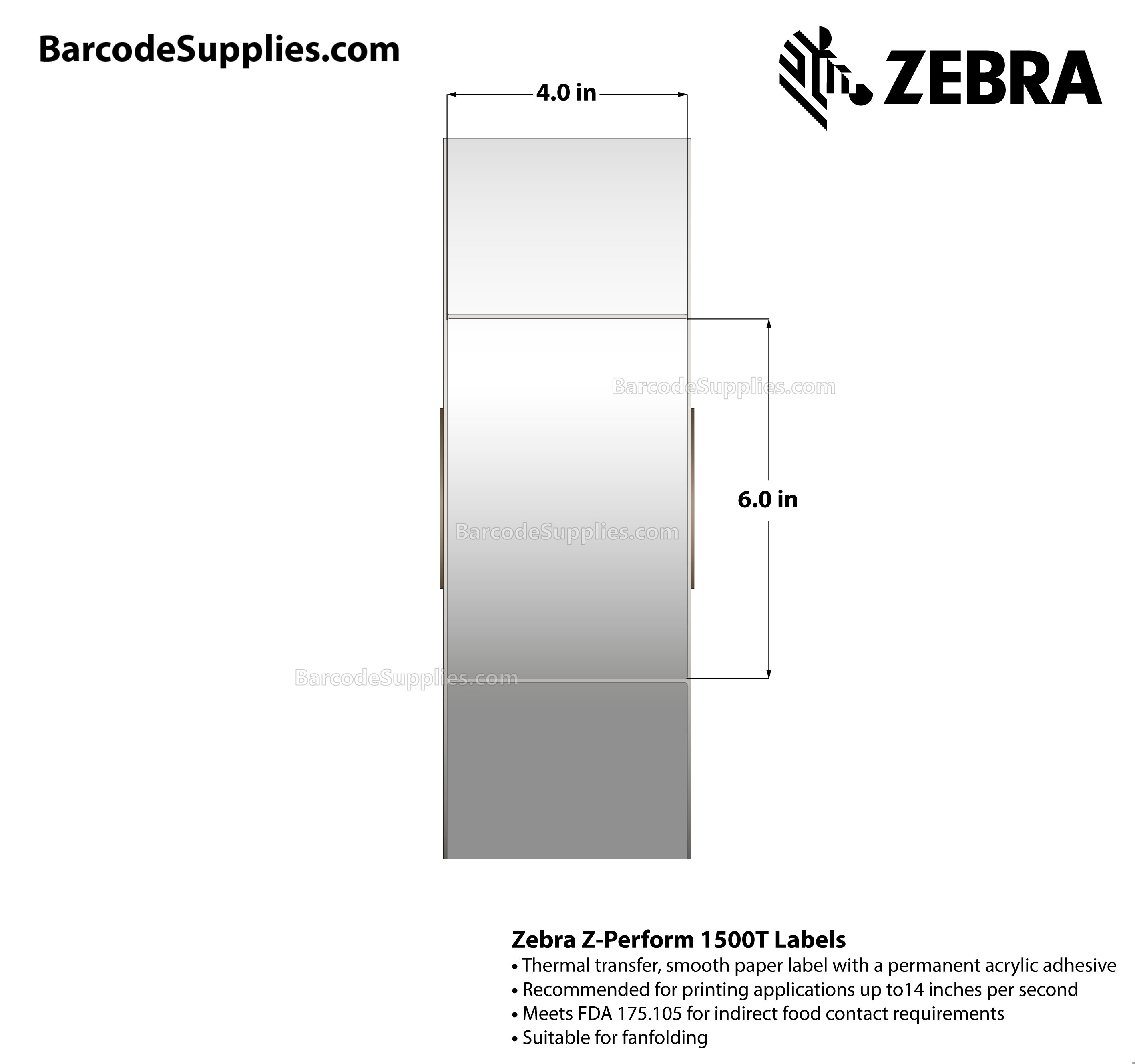 4 x 6 Thermal Transfer White Z-Perform 1500T Labels With Permanent Adhesive - Automatic application. - Not Perforated - 2750 Labels Per Roll - Carton Of 2 Rolls - 5500 Labels Total - MPN: 10026038