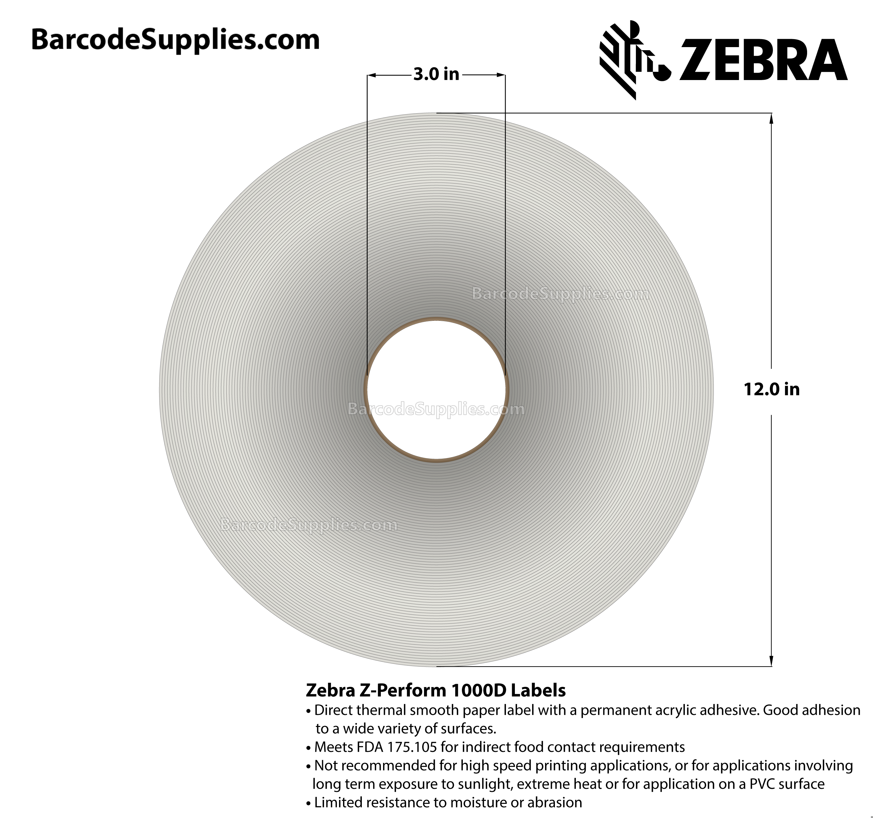 4 x 6 Direct Thermal White Z-Perform 1000D Labels With Permanent Adhesive - Meets FDA 175.105 indirect food contact requirements. - Not Perforated - 2500 Labels Per Roll - Carton Of 2 Rolls - 5000 Labels Total - MPN: 10026037