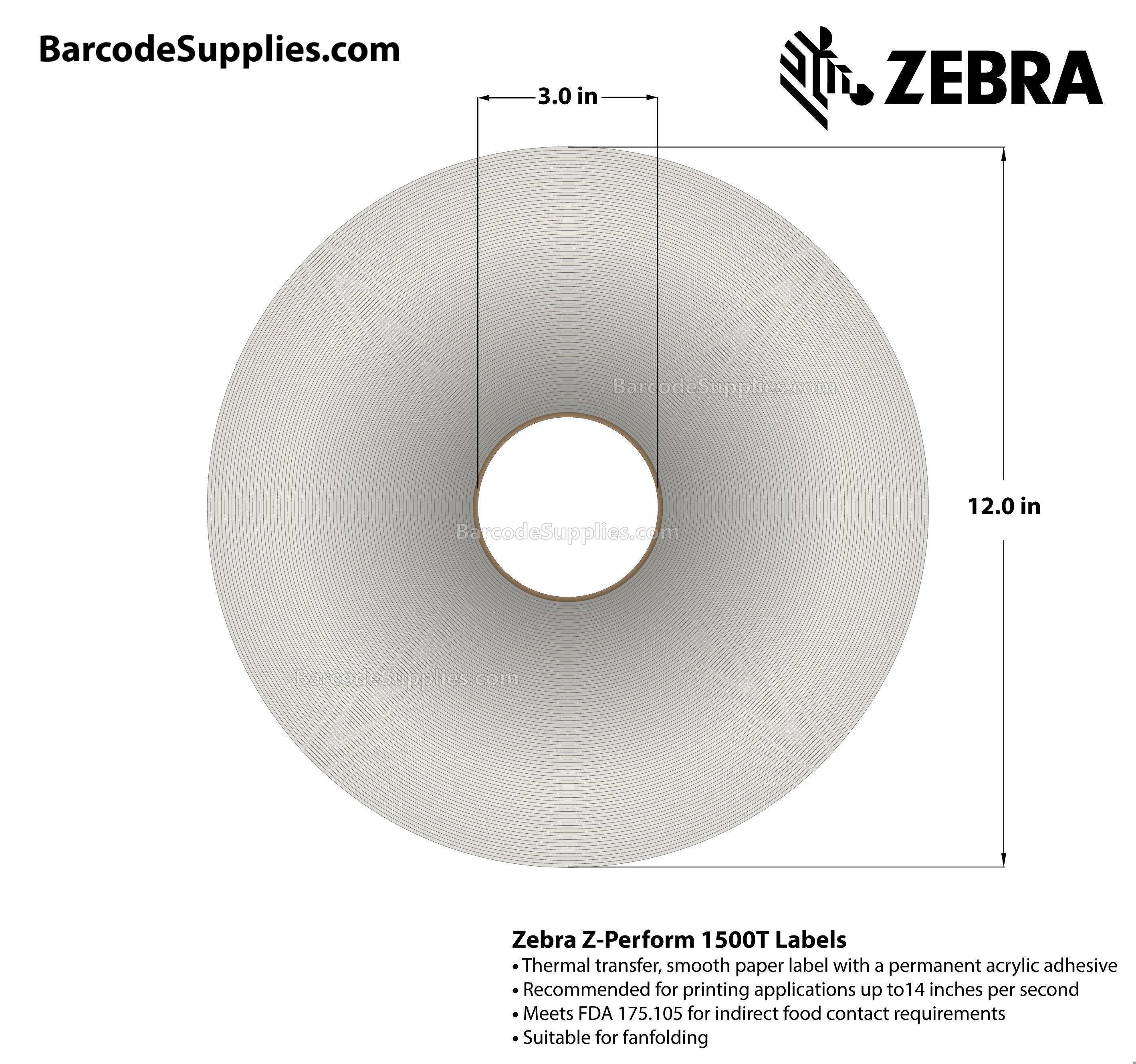4 x 6 Thermal Transfer White Z-Perform 1500T Labels With Permanent Adhesive - Automatic application. - Not Perforated - 2750 Labels Per Roll - Carton Of 2 Rolls - 5500 Labels Total - MPN: 10026038