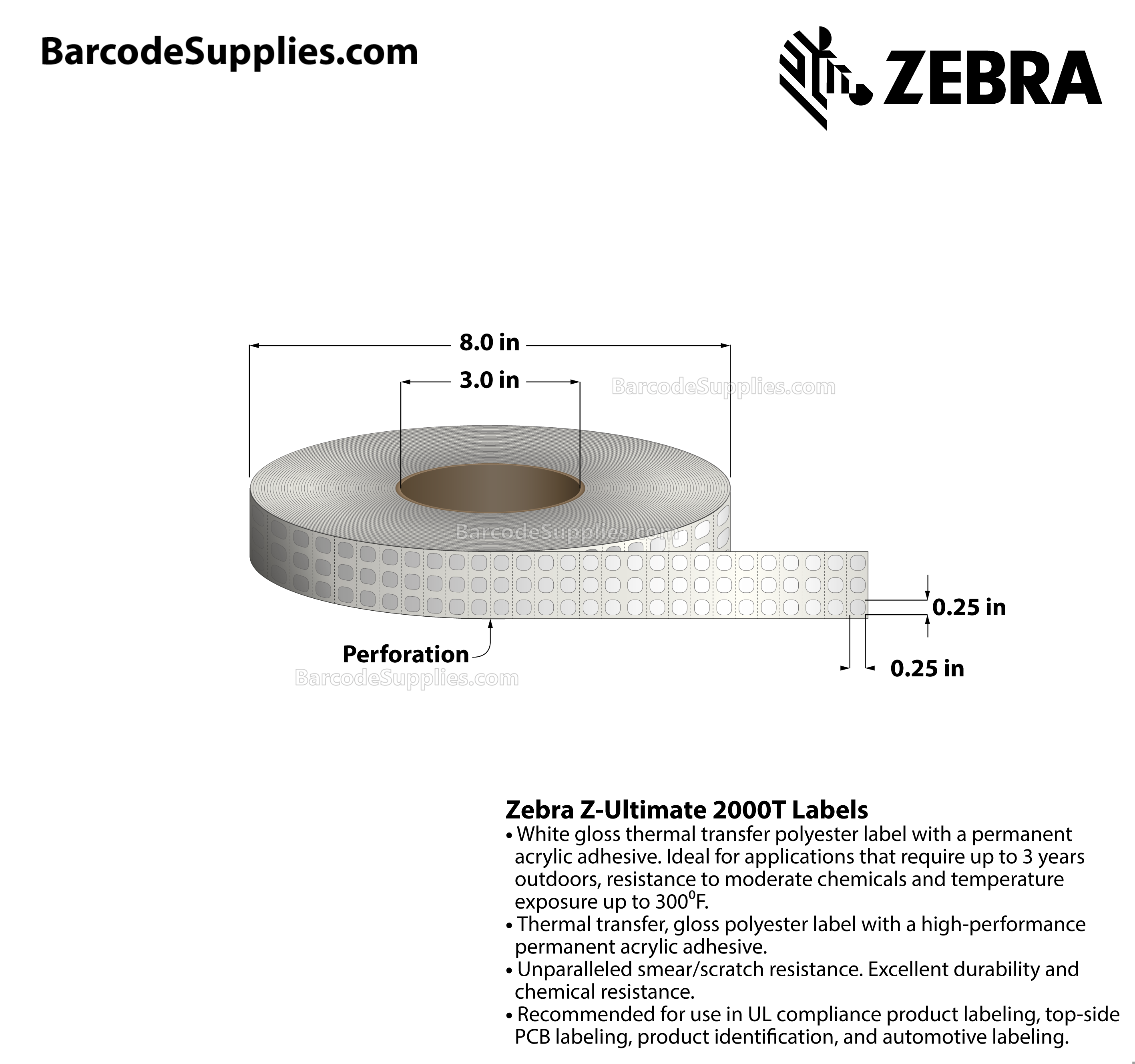 0.25 x 0.25 Thermal Transfer White Z-Ultimate 2000T (3-Across) Labels With Permanent Adhesive - Perforated - 10002 Labels Per Roll - Carton Of 4 Rolls - 40008 Labels Total - MPN: 10011966