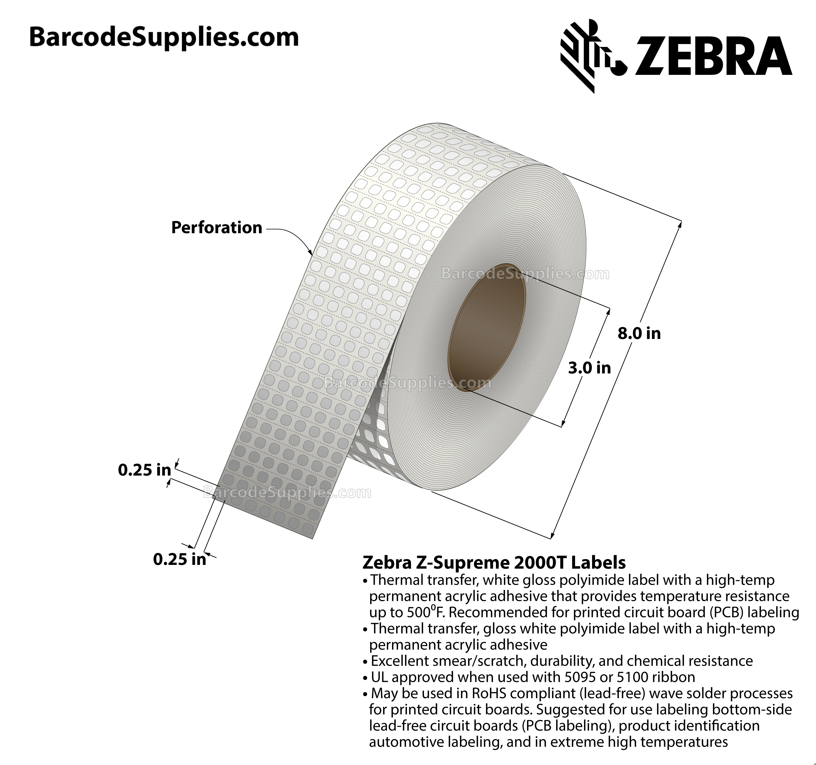 0.25 x 0.25 Thermal Transfer White Z-Supreme 2000T White (7-Across) Labels With High-temp Adhesive - Perforated - 10003 Labels Per Roll - Carton Of 1 Rolls - 10003 Labels Total - MPN: 10015787