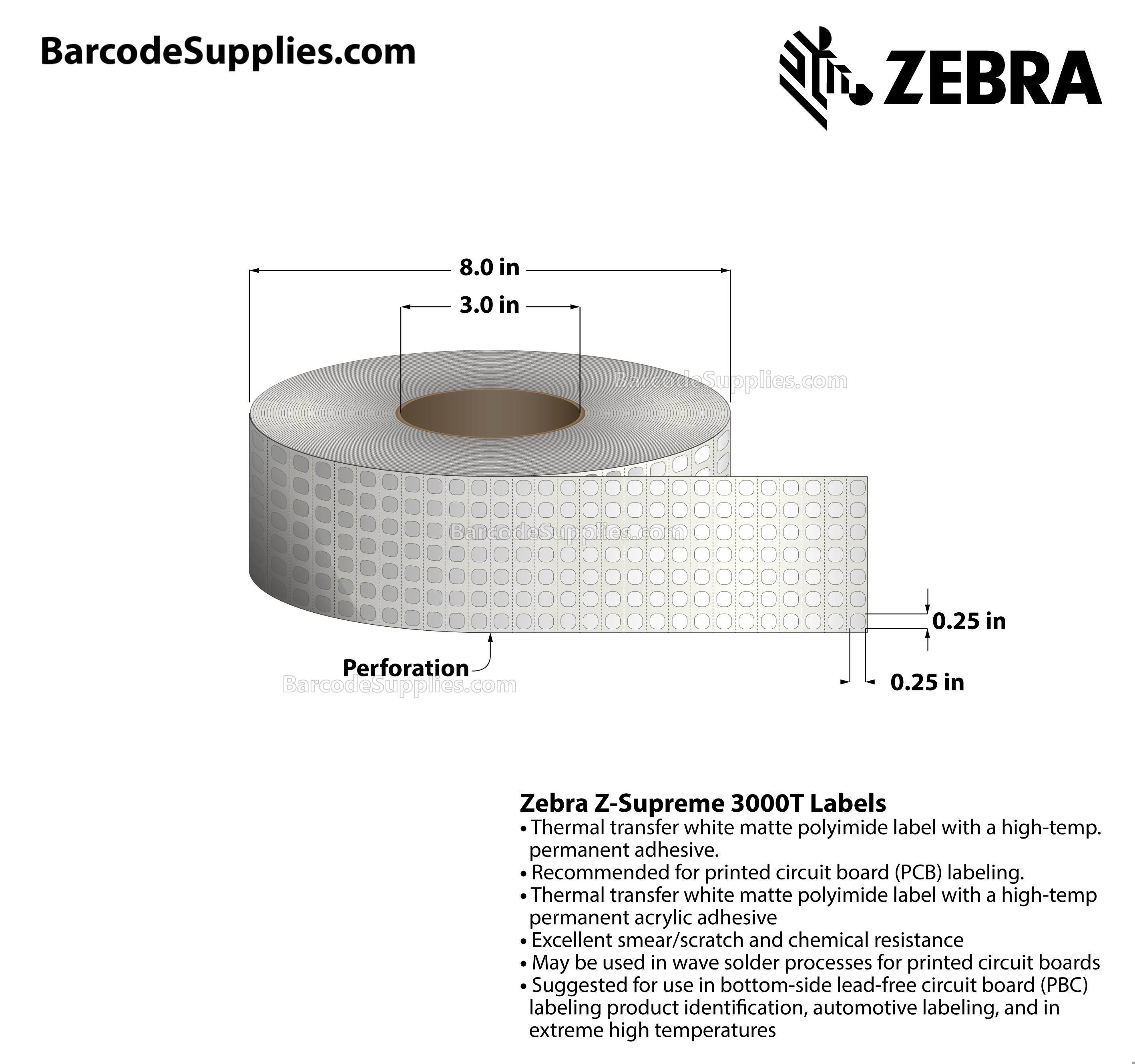 0.25 x 0.25 Thermal Transfer White Z-Supreme 3000T (7-Across) Labels With High-temp Adhesive - Perforated - 20006 Labels Per Roll - Carton Of 1 Rolls - 20006 Labels Total - MPN: 10023217