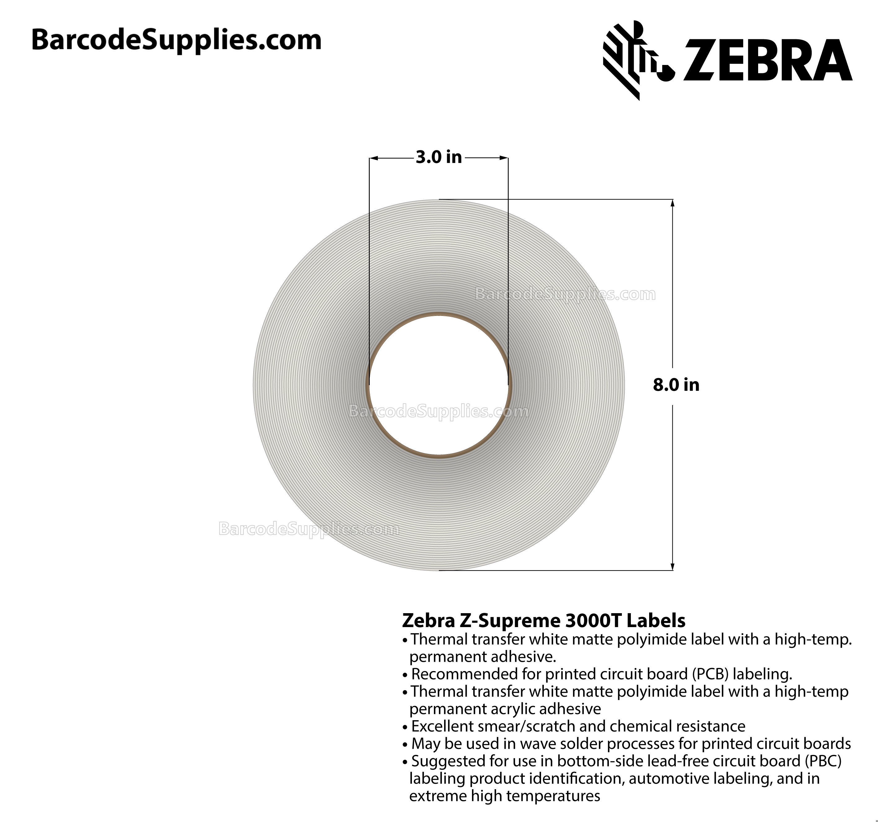 0.25 x 0.25 Thermal Transfer White Z-Supreme 3000T (7-Across) Labels With High-temp Adhesive - Perforated - 20006 Labels Per Roll - Carton Of 1 Rolls - 20006 Labels Total - MPN: 10023217