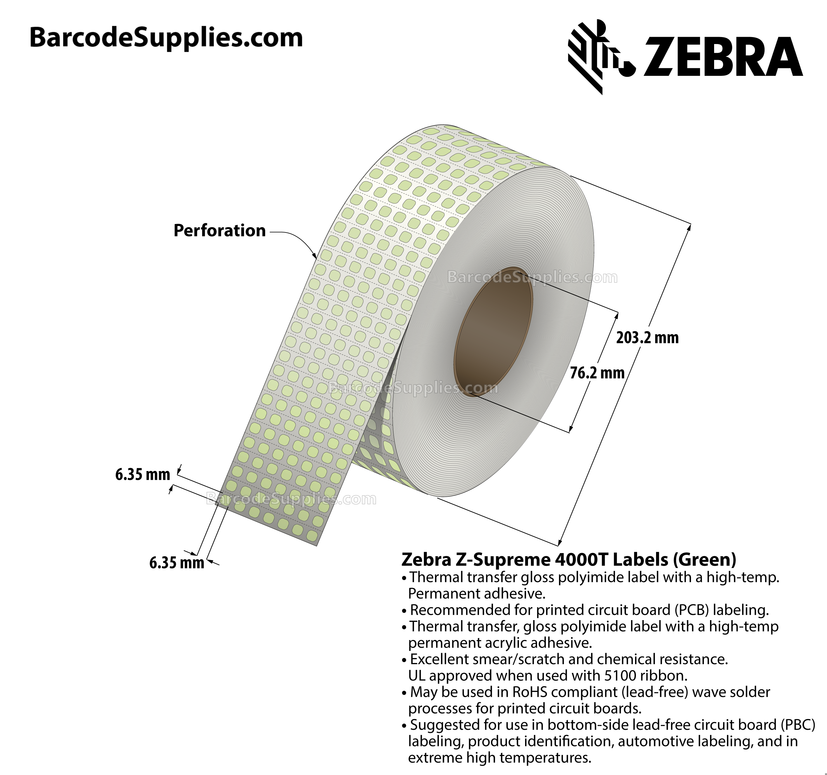 0.25 x 0.25 Thermal Transfer Green Z-Supreme 4000T Green (7-Across) Labels With High-temp Adhesive - Perforated - 20006 Labels Per Roll - Carton Of 1 Rolls - 20006 Labels Total - MPN: 10023309