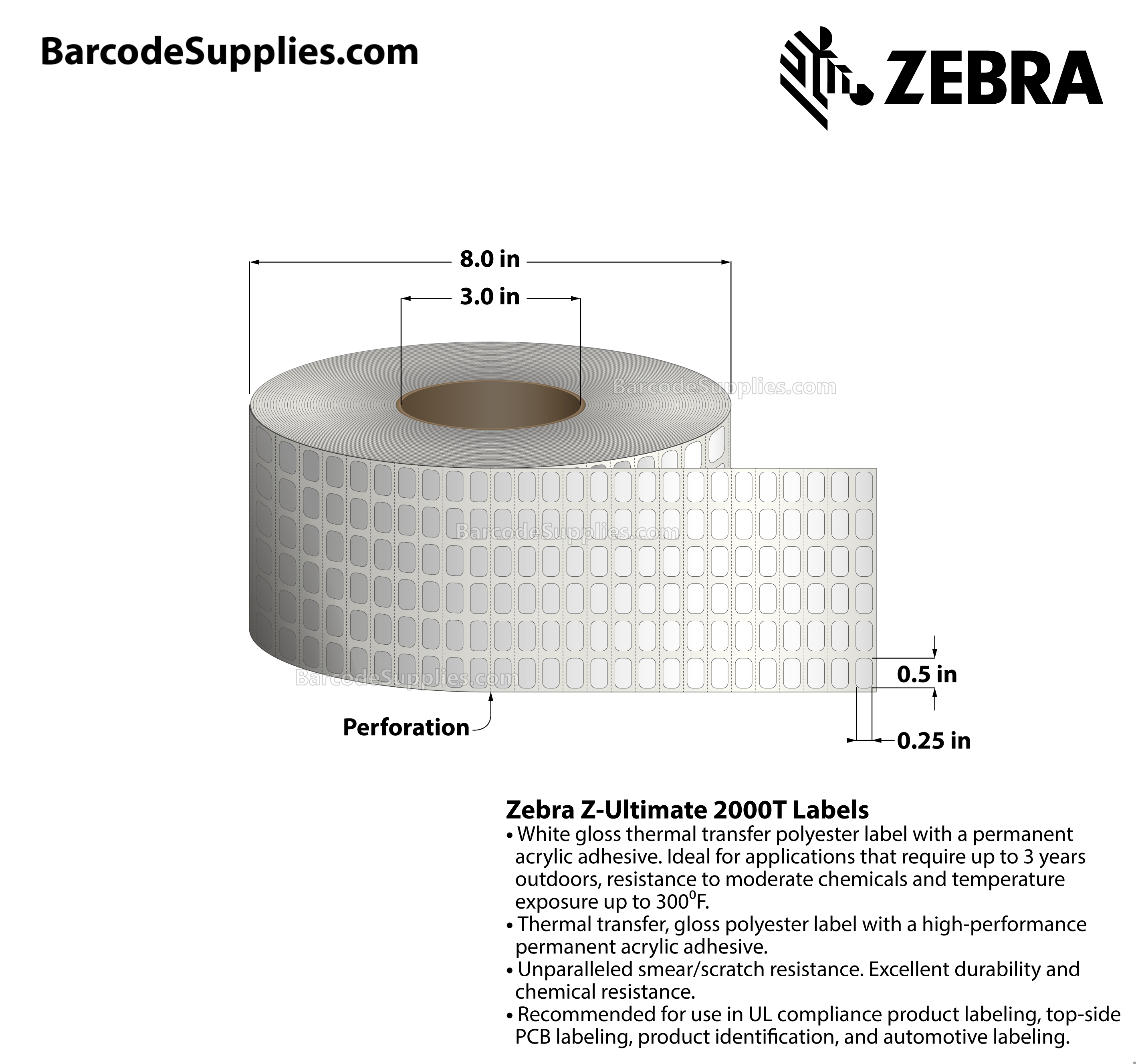0.5 x 0.25 Thermal Transfer White Z-Ultimate 2000T (6-Across) Labels With Permanent Adhesive - Perforated - 9996 Labels Per Roll - Carton Of 4 Rolls - 39984 Labels Total - MPN: 10011969