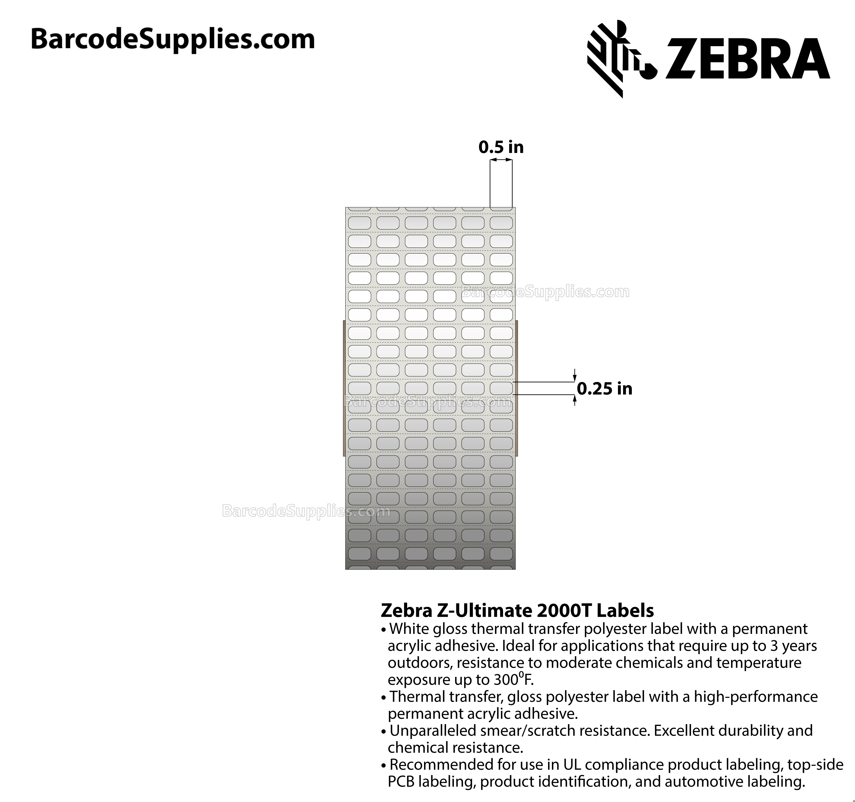 0.5 x 0.25 Thermal Transfer White Z-Ultimate 2000T (6-Across) Labels With Permanent Adhesive - Perforated - 9996 Labels Per Roll - Carton Of 4 Rolls - 39984 Labels Total - MPN: 10011969