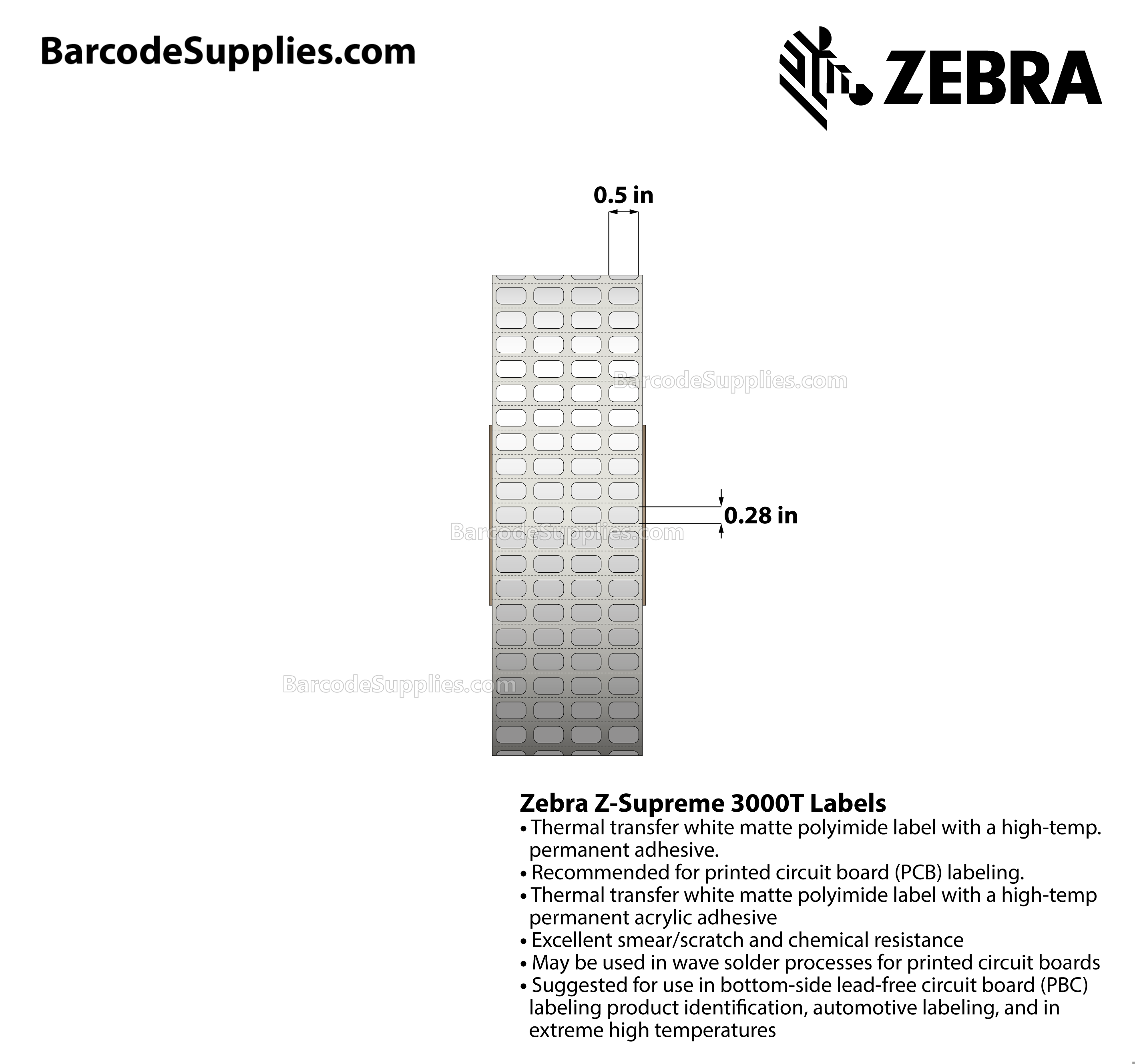 0.5 x 0.28 Thermal Transfer White Z-Supreme 3000T (4-Across) Labels With High-temp Adhesive - Perforated - 10000 Labels Per Roll - Carton Of 1 Rolls - 10000 Labels Total - MPN: 10023219