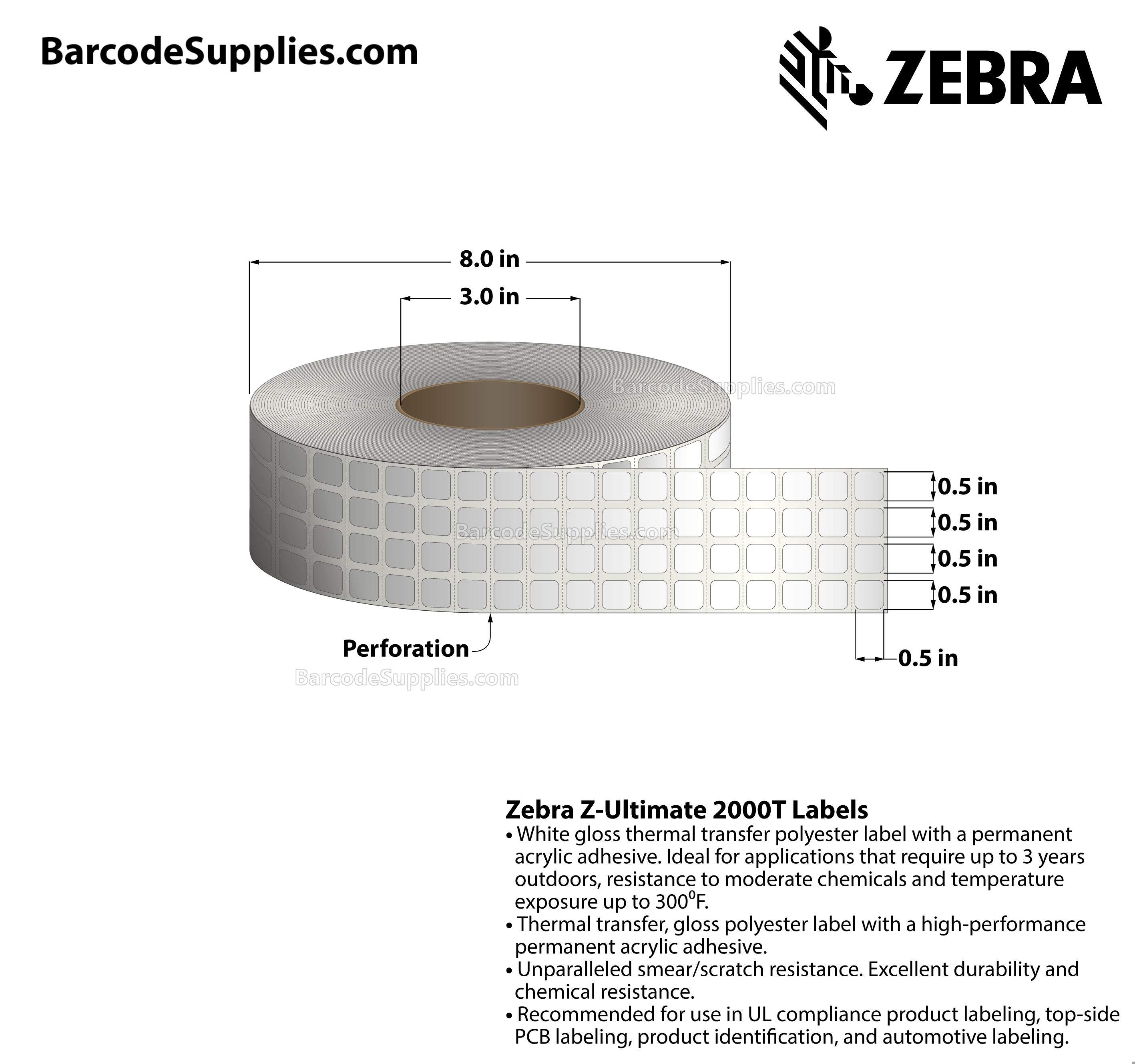 0.5 x 0.5 Thermal Transfer White Z-Ultimate 2000T (4-Across) Labels With Permanent Adhesive - Perforated - 10000 Labels Per Roll - Carton Of 4 Rolls - 40000 Labels Total - MPN: 10011971