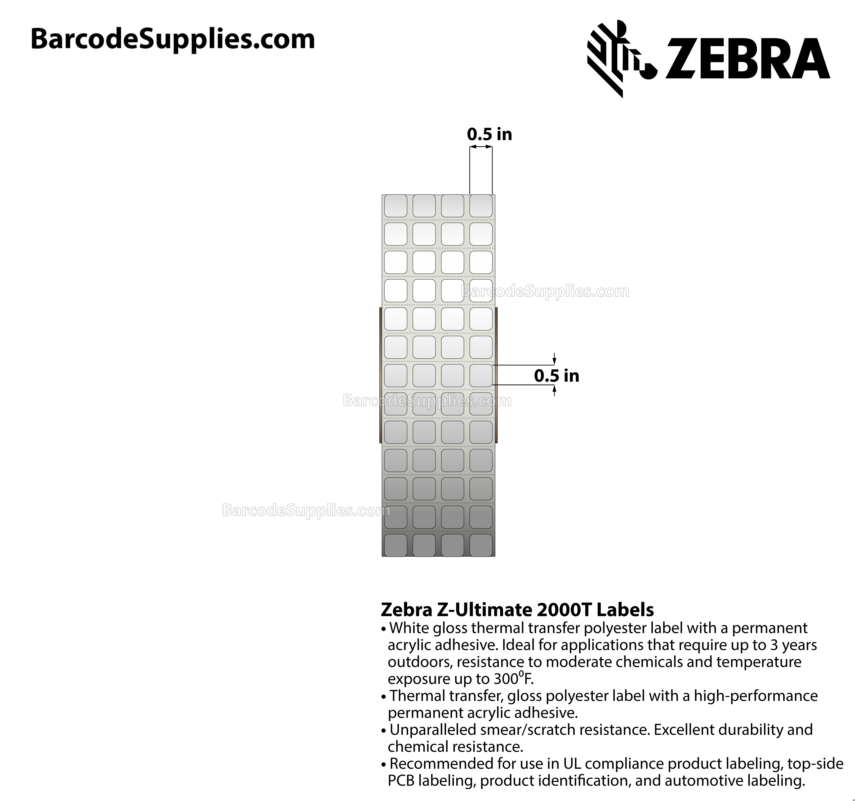 0.5 x 0.5 Thermal Transfer White Z-Ultimate 2000T (4-Across) Labels With Permanent Adhesive - Perforated - 10000 Labels Per Roll - Carton Of 4 Rolls - 40000 Labels Total - MPN: 10011971