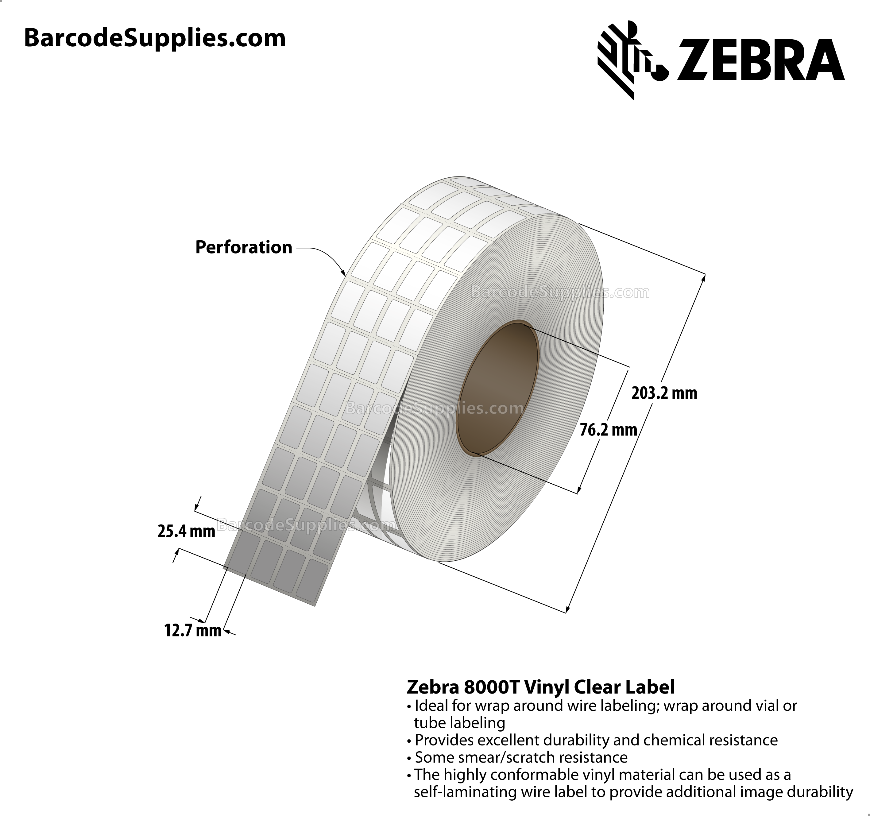 0.5 x 1 Thermal Transfer Clear 8000T Vinyl Clear: Self-Laminating Wire Wrap Label (4-Across) Labels With Permanent Adhesive - Perforated - 5000 Labels Per Roll - Carton Of 1 Rolls - 5000 Labels Total - MPN: 10015768