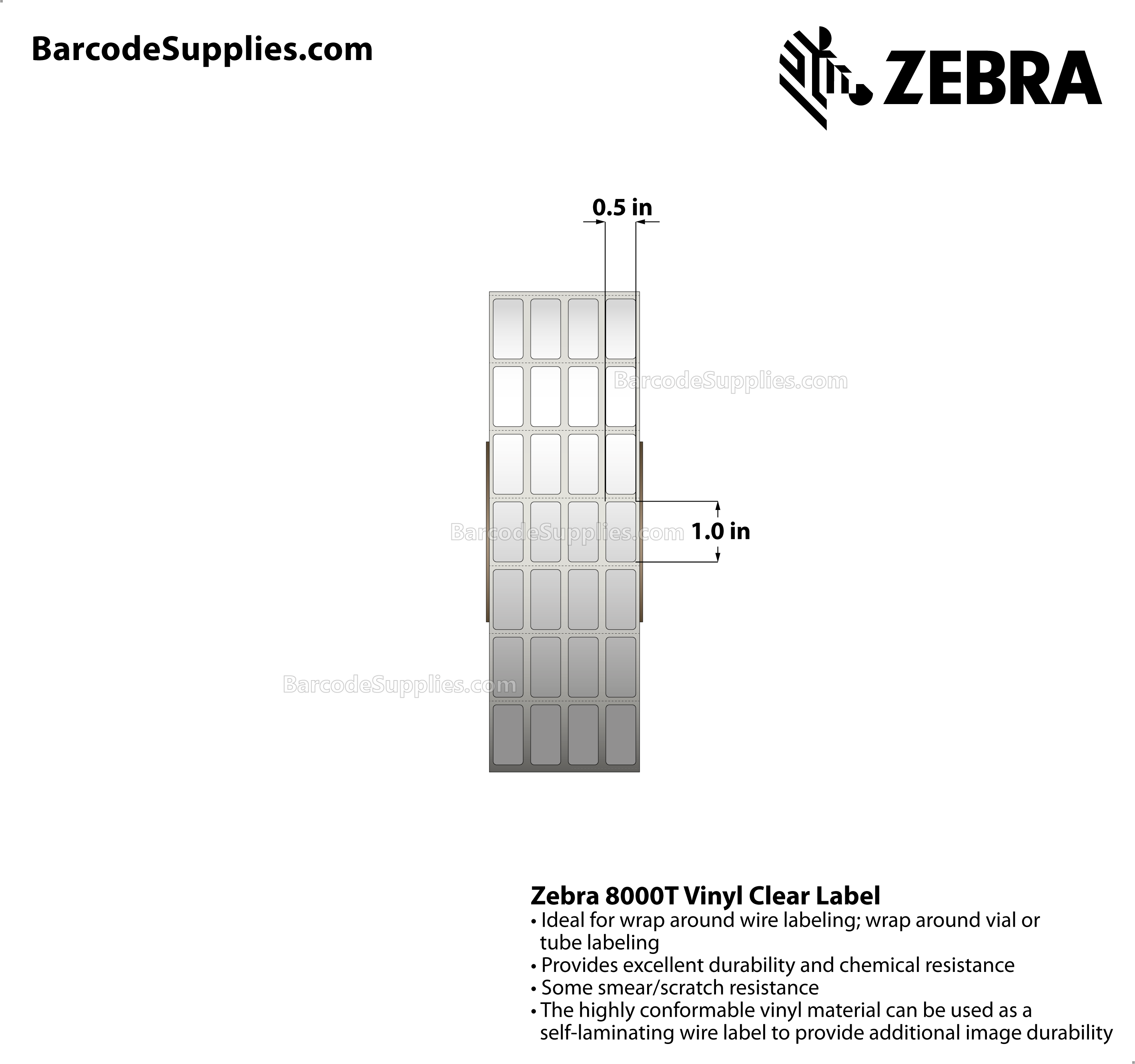 0.5 x 1 Thermal Transfer Clear 8000T Vinyl Clear: Self-Laminating Wire Wrap Label (4-Across) Labels With Permanent Adhesive - Perforated - 5000 Labels Per Roll - Carton Of 1 Rolls - 5000 Labels Total - MPN: 10015768